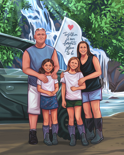 Family at a Waterfall Digital Art art digital art family portrait hand drawn illustration portrait procreate