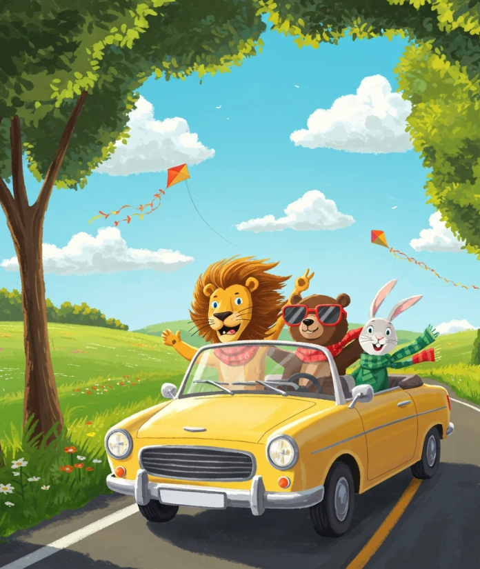Road Trip Adventure! The Ultimate Animal Drive animal friends artistic process book illustration character design childrens book illustration childrens book illustrator childrens publishing colorful art convertible car cute characters digital painting fun adventure kidlitart narrative illustration playful storytelling portfolio piece road trip art storybook art sunny day art whimsical illustration