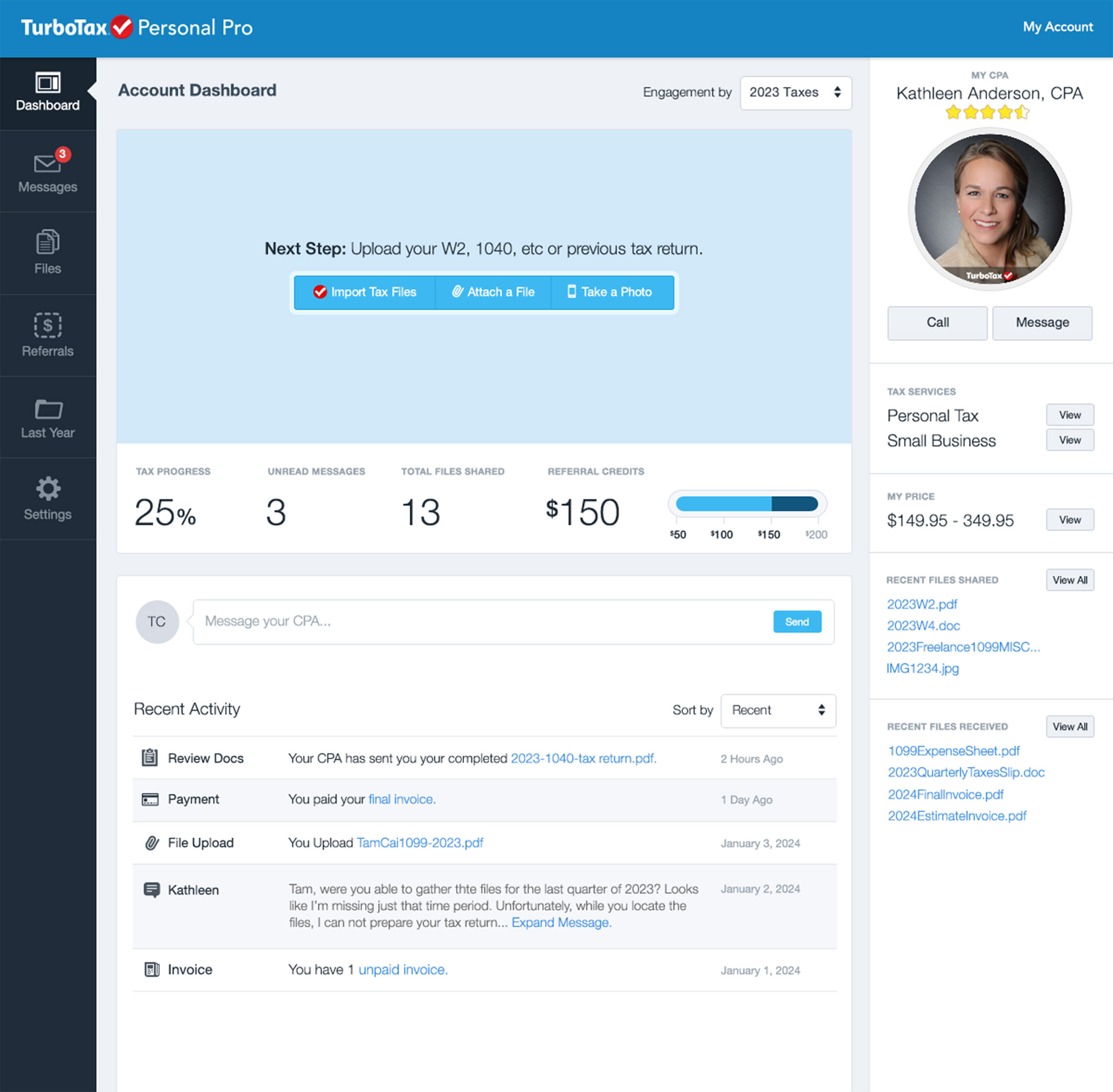 Intuit — TurboTax Personal Pro: "Dashboard" (POV: User / Agent) dashboard graphic design ui