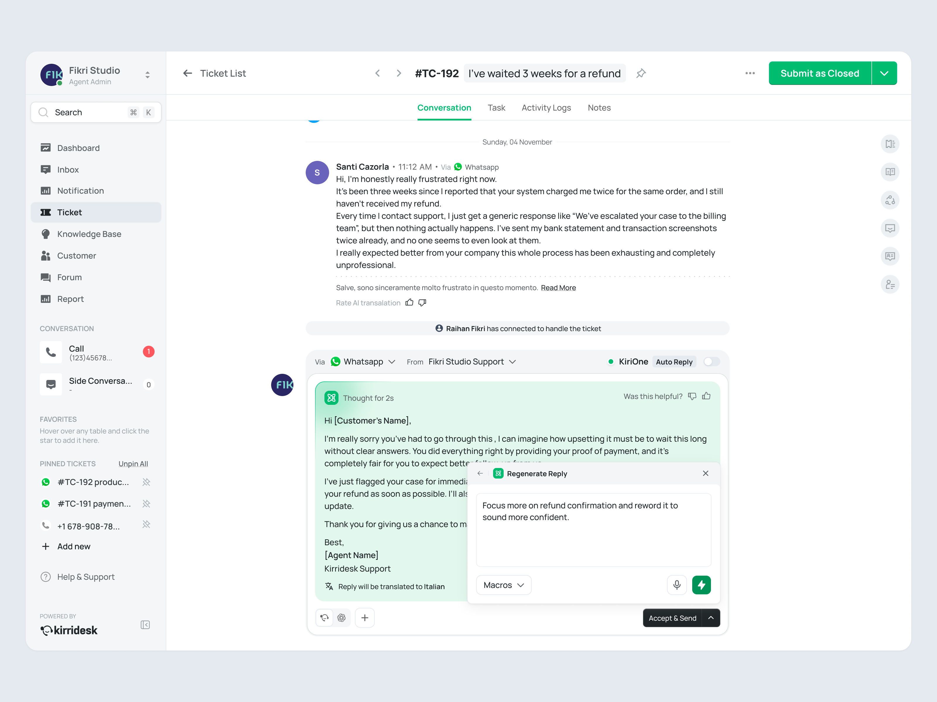 Kirridesk – AI-powered support with reply regeneration agentic ai ai ai agent crm customer service customer support cx dashboard product design saas saas design ticket management ui ux web app web design