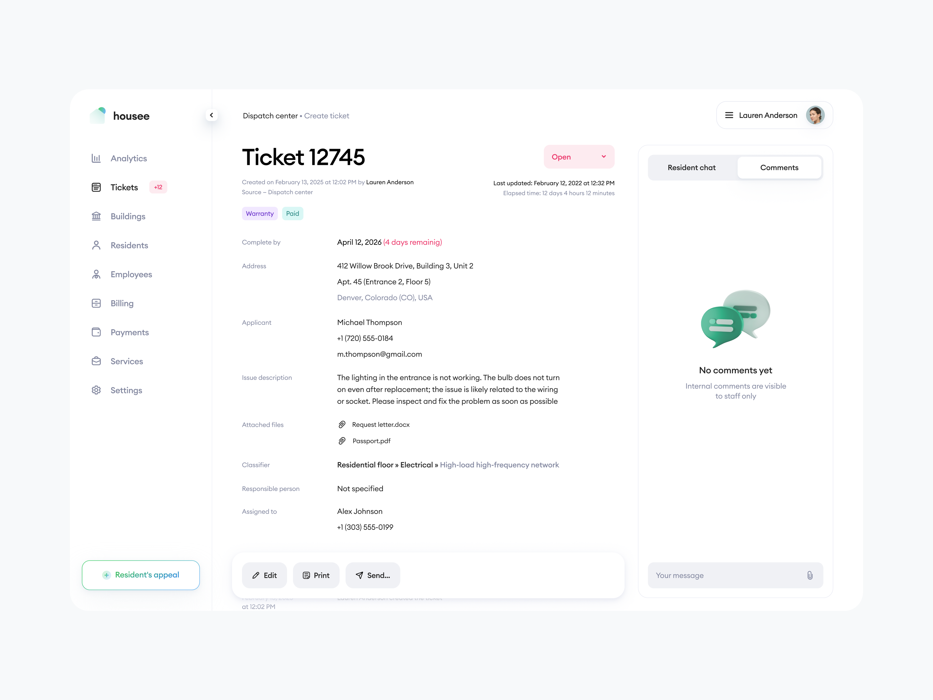 Property Management CRM – Request Details b2b crm housing operations product design property crm property management property management software real estate saas service requests ticket management ui ux workflow