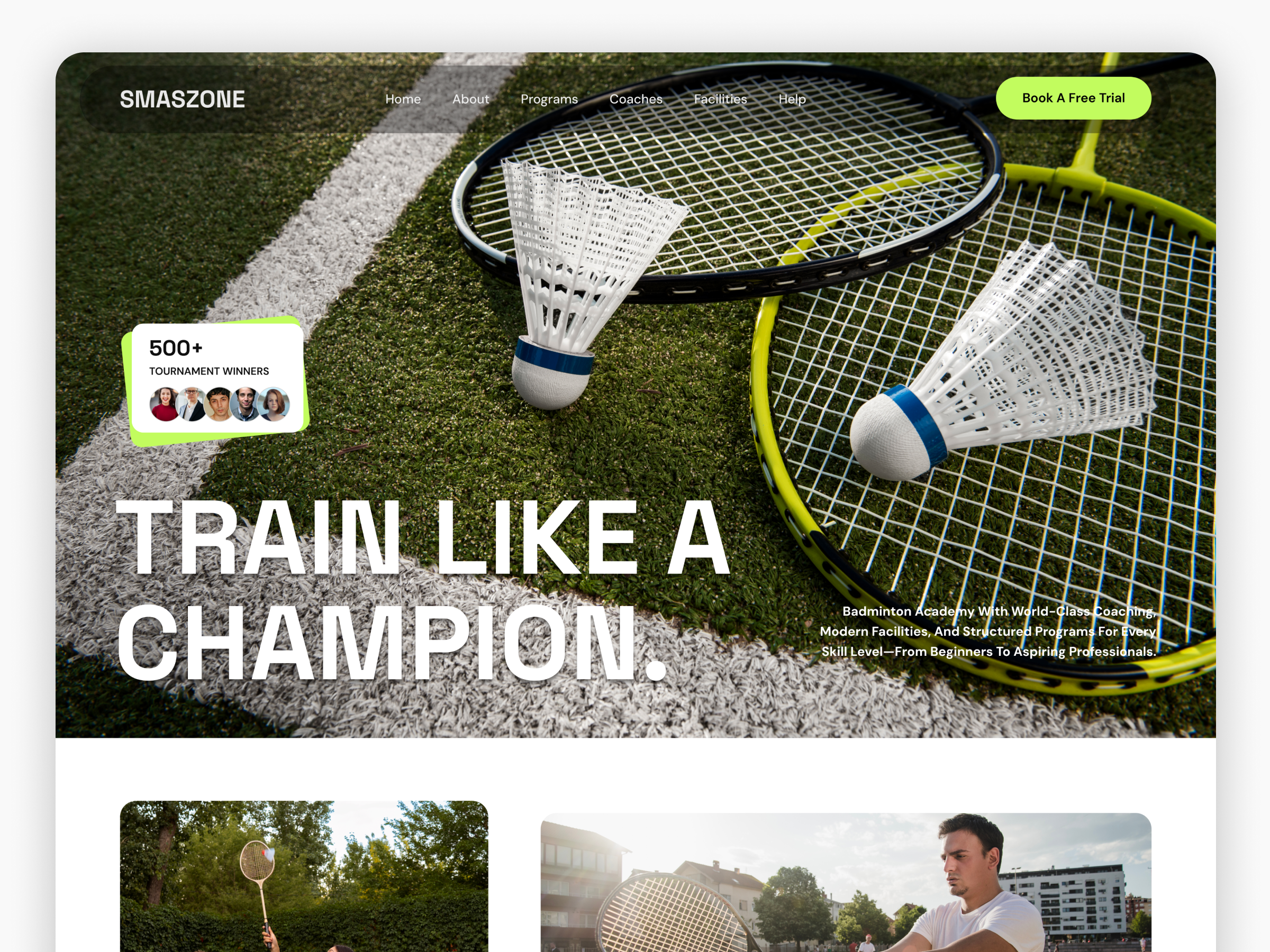 SMASZONE — Badminton Academy Website UI badminton figma landingpage modernui sports sportsacademy training ui uidesign uiux uxdesign webdesign websitedesign
