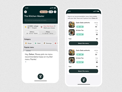 Delivery Food 🥙 Diet menu pick using AI 🤖 ai ai application clean delivery design flat food food app food delivery green product design simple app super app ui ux voice assistance