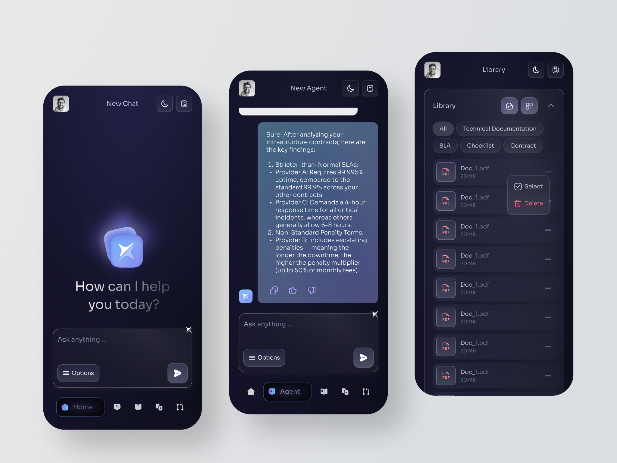 AI Assistant App — Chat, Agent & Library ai agent ai app ai assistant ai chat app design chat interface chatbot ui contract management dark mode dark ui document library empty state enterprise app ios design knowledge base legaltech mobile app mobile ui product design ui ux design