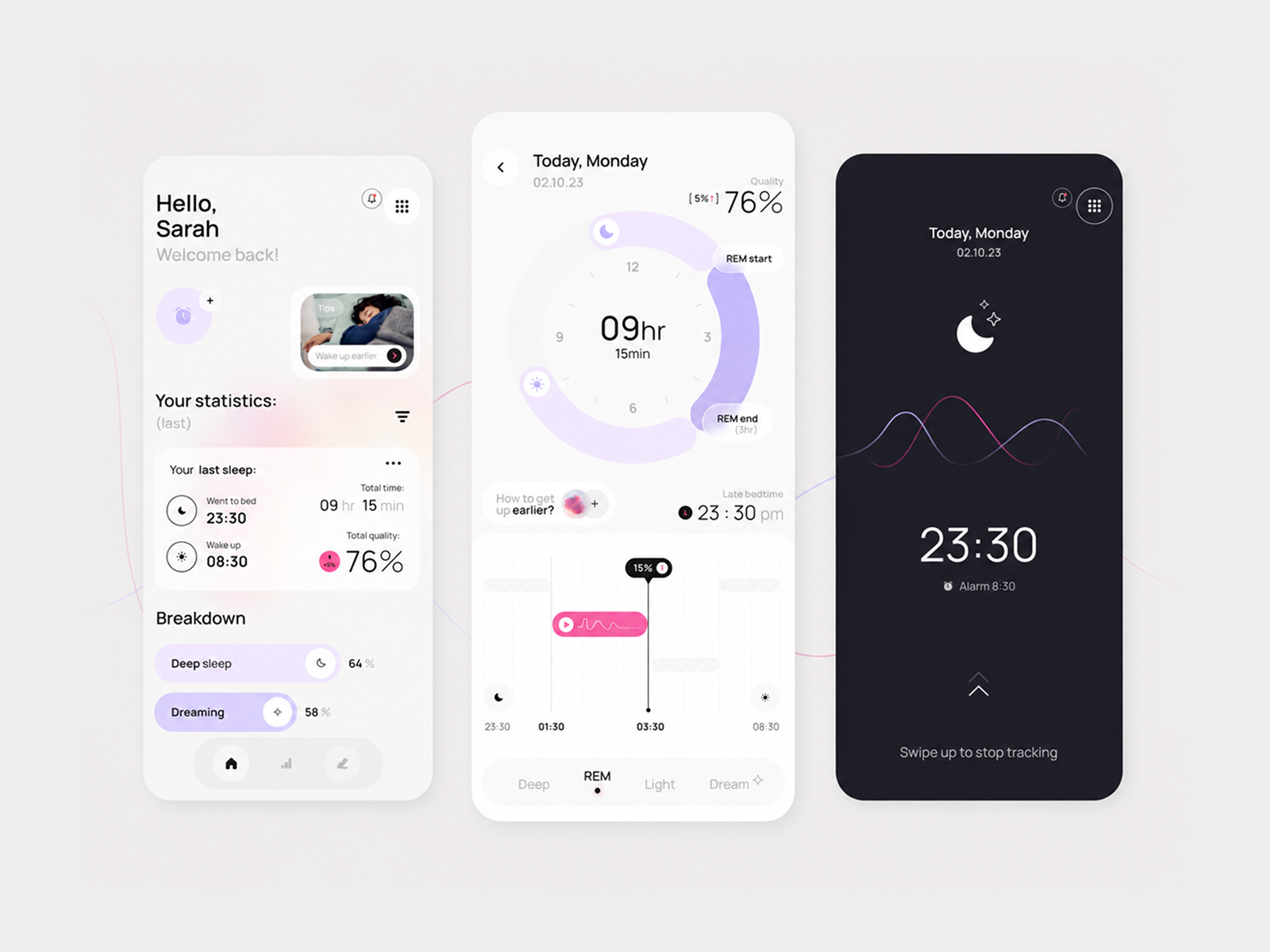 Sleep Tracker Mobile App Design — REM Cycle & Sleep Analytics UI alarm app chart ui design dark mode ui data visualization figma gradient ui health app ui ios app design mobile app design mobile dashboard rem cycle tracking sleep analytics sleep app design sleep dashboard sleep monitoring app sleep quality sleep tracker app sleep tracking app ui ux design wellness app