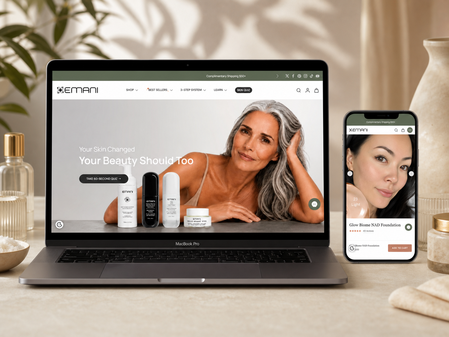 Emani Skin-First Beauty UX/UI Case Study brand identity conversion design e commerce design ecommerce design ecommerce website landing page mobile design online store product page responsive design shopify shopify design shopify store shopify store design shopify website ui design ux design web design website design website redesign