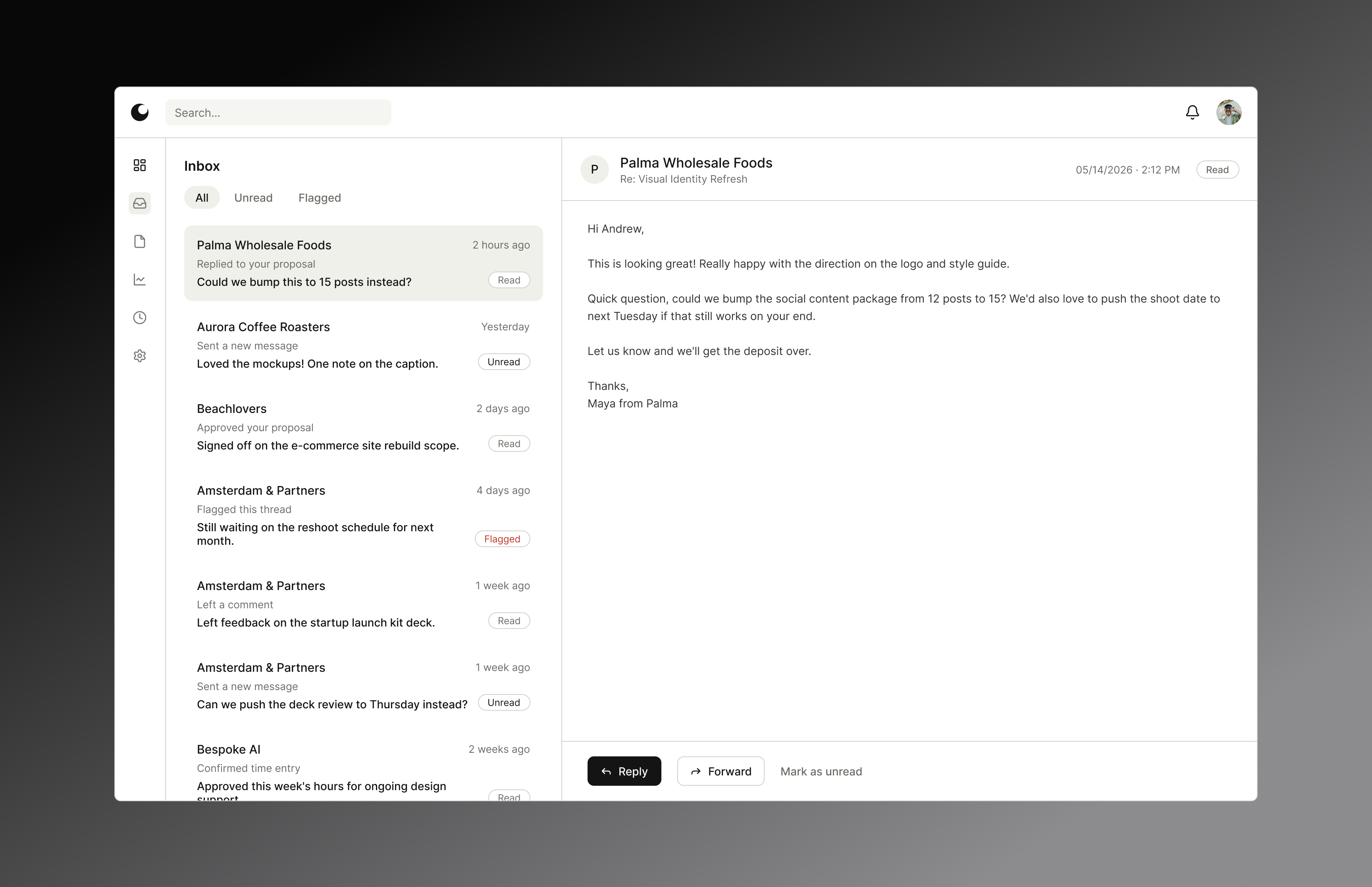 Solace App Inbox admin agency tool application design b2b saas client management dashboard design data table design fintech ui freelancer tool inbox design invoicing app light ui minimal ui product design saas dashboard studio management time tracking app ui design ux design web app design