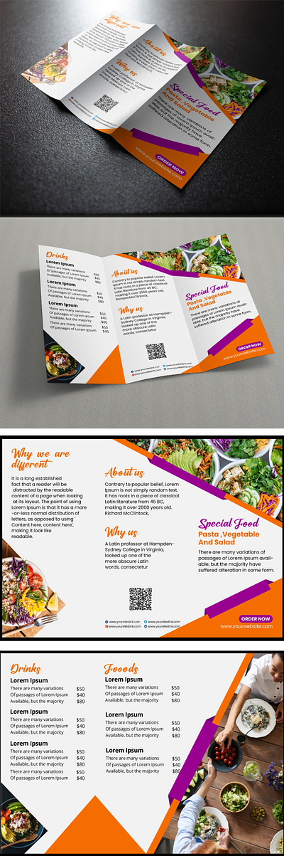 Food trifold menu brochure design template, fast food menu broch presentation