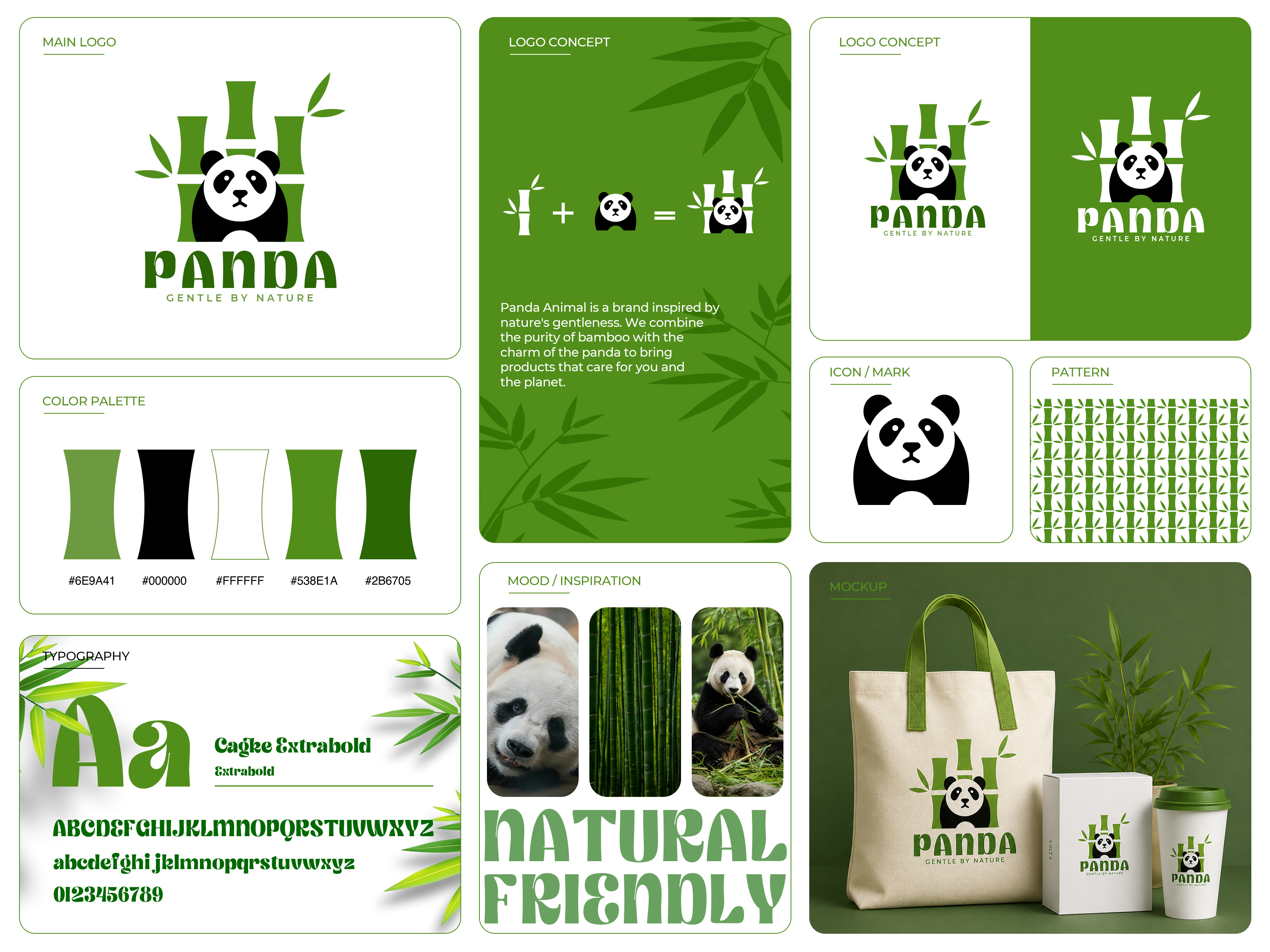 PANDA — Gentle by Nature Logo Design animal bamboo brandidentity branding clean colorpalette cute designsystem eco environment flatdesign graphic green identity logo logomark minimal nature panda vector