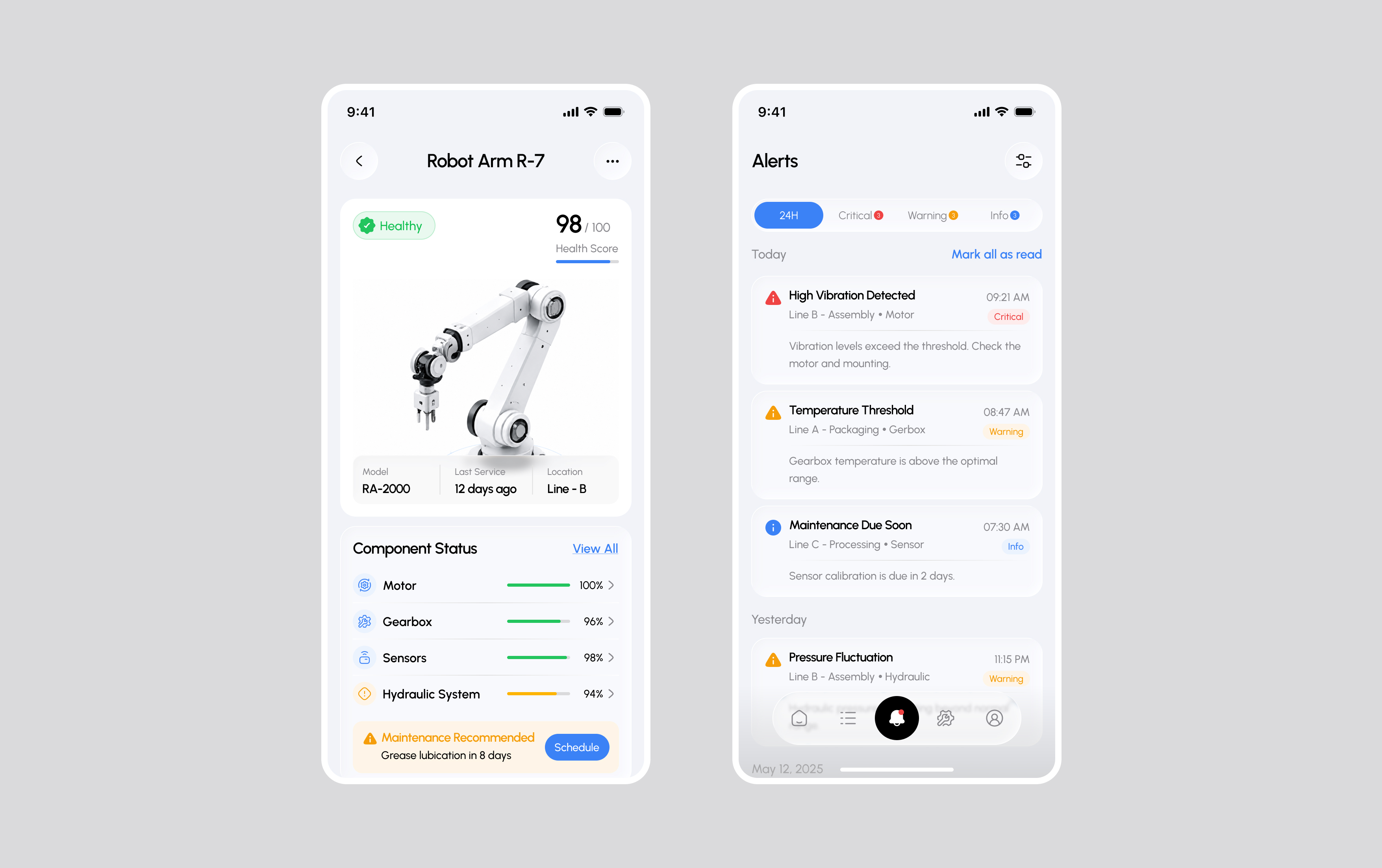 Industrial Manufacturing Factory Machine Control App UI/UX app app design app ui app ui ux automatic industry enterprise app factory app figma industrial app machine health minimal mobile mobile design modern product design radiyal ui ui design uiux ux