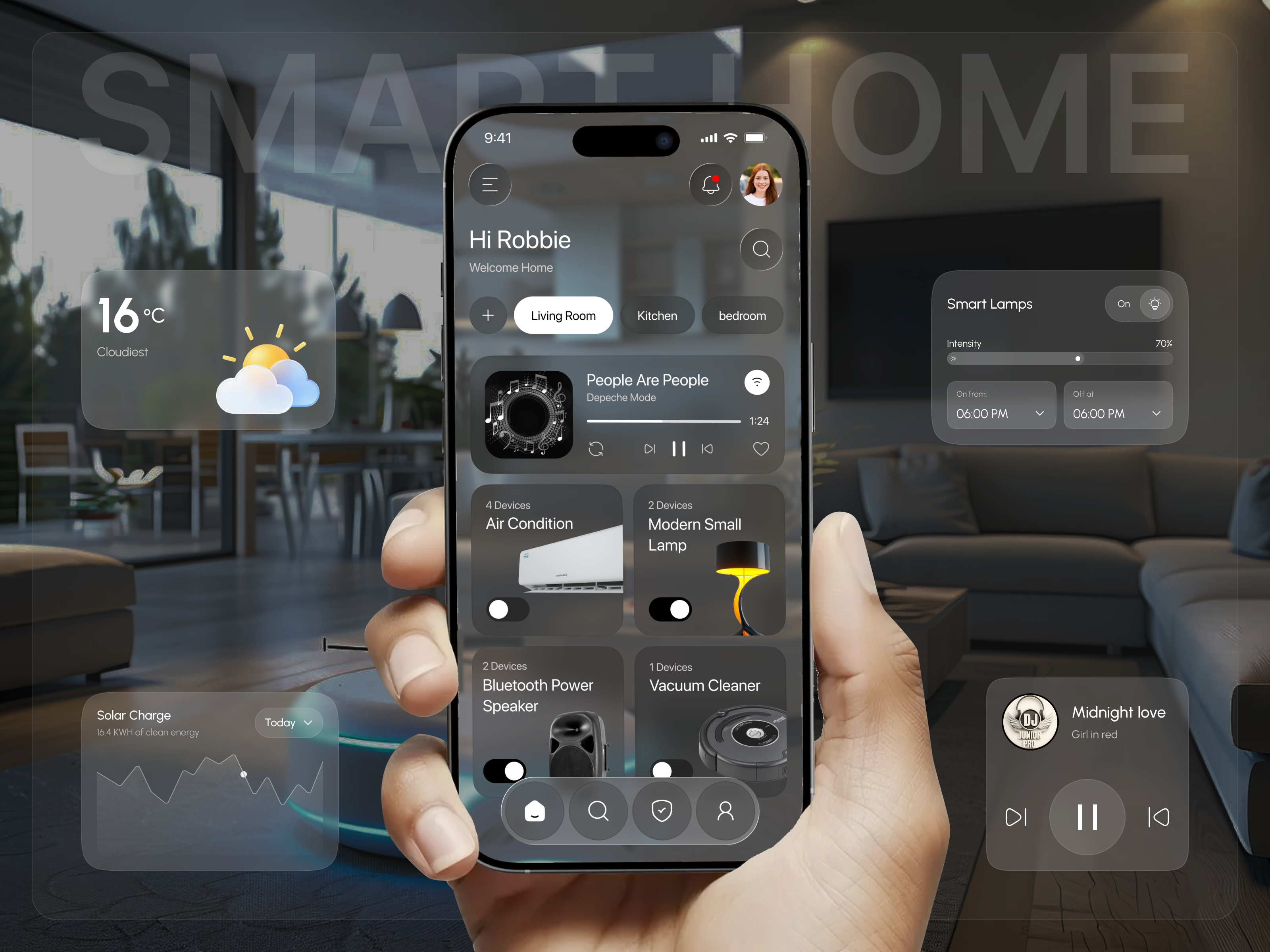 Smart Home Mobile App controls dark dashboard dribbble figma fireart glassmorphism homeautomation inventory ios iot lamp mobile app product design smarthome status toggle ui user interface ux