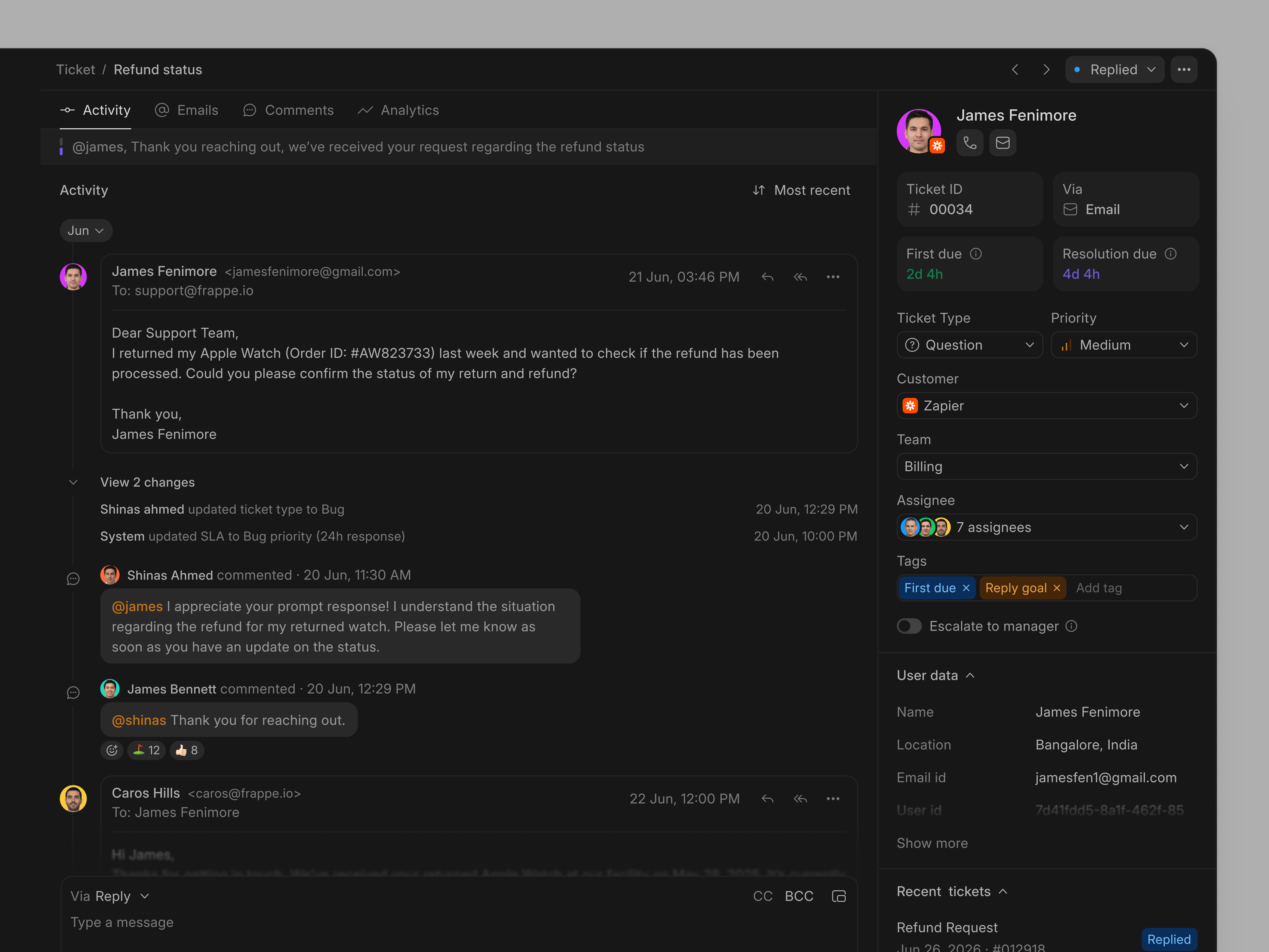 Helpdesk — Ticket management Darkmode breadcrumbs customer support darkmode design helpdesk icon minimal product design reply email sidebar support ticket tabs toast ui ux webapp