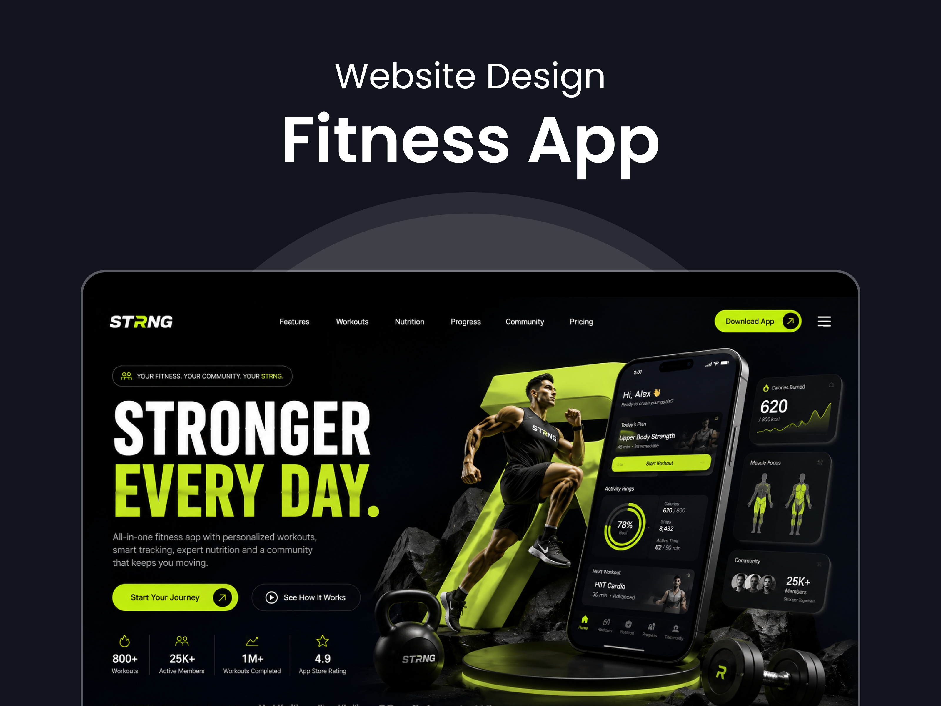 STRNG — Fitness App Hero Concept 🏋️ 3ddesign design dribbble fitnessapp interactiondesign landing page productdesign ui ui design ui ux uidesign ux uxdesign web ui website design