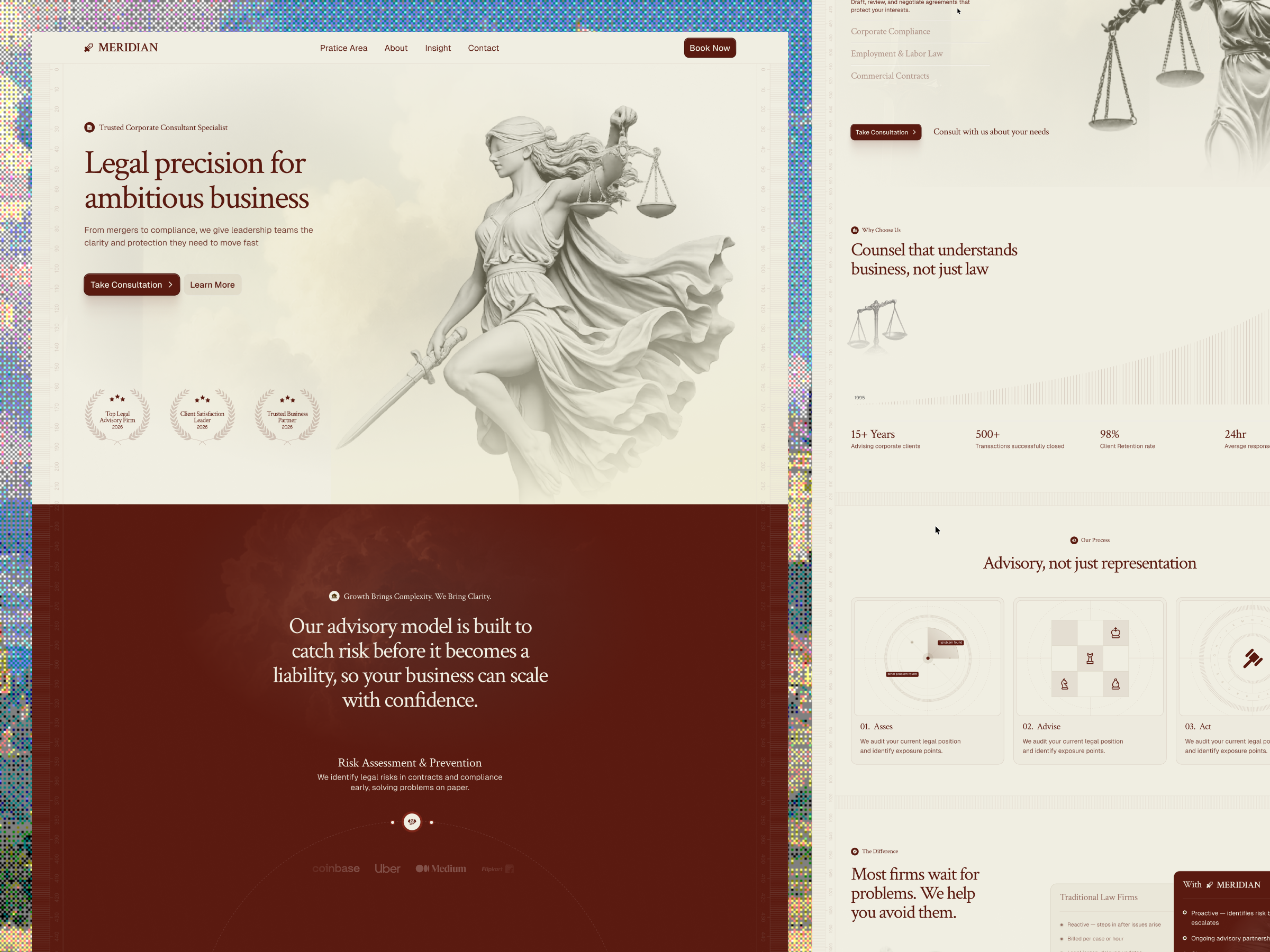 Meridian - Legal Advisory Landing Page 10am 10am space editorial landing page lawfirmwebsite legal legal advisory legal platform premium branding premium website serif typography warm website design