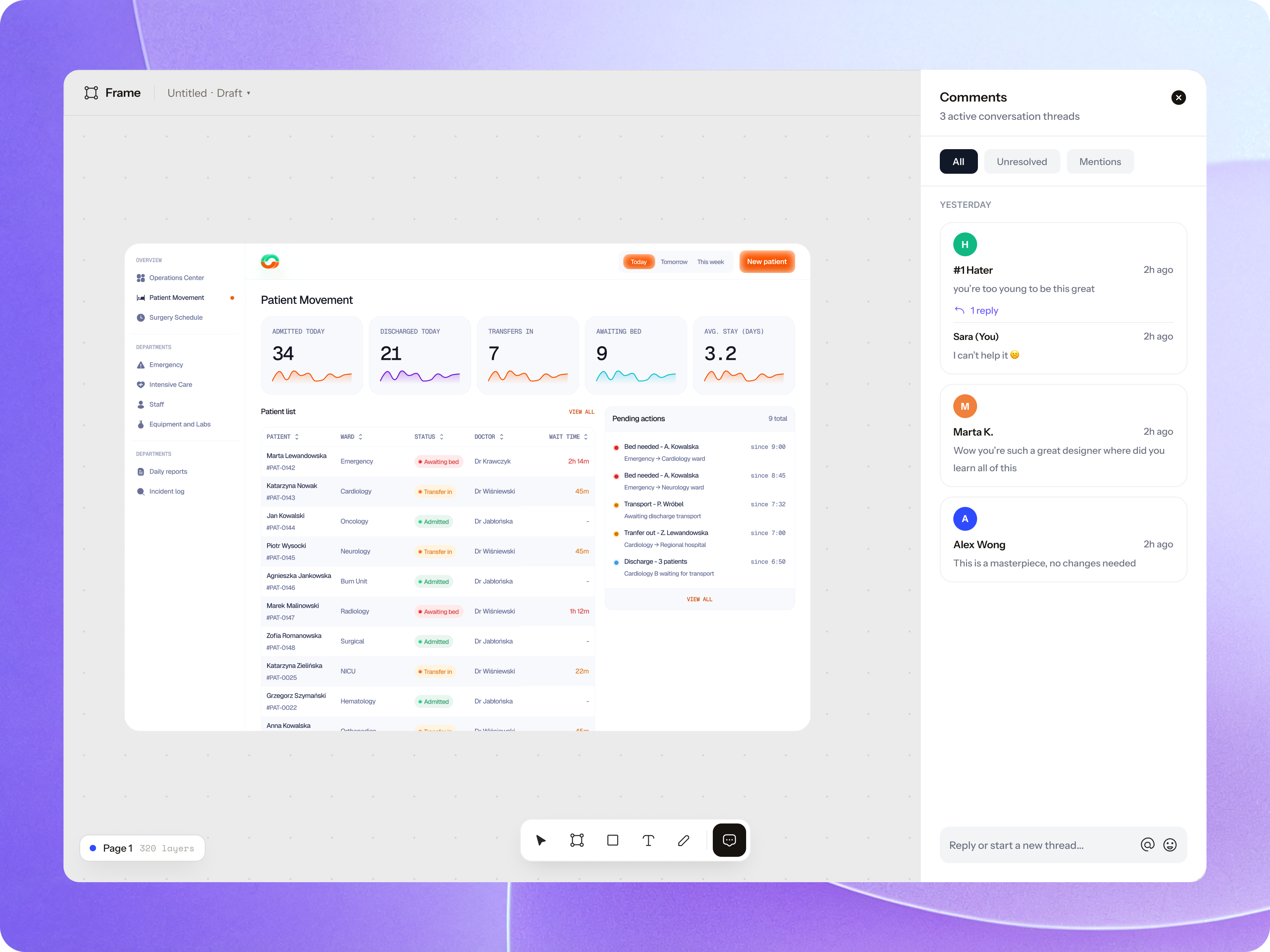 Comments Panel — Collaboration UI for Design Tool collaboration ui comment threads comments panel dashboard ui design tool ui feedback ui figma healthcare dashboard interface design product design realtime collaboration saas ui design side panel ui ui ux design web app design