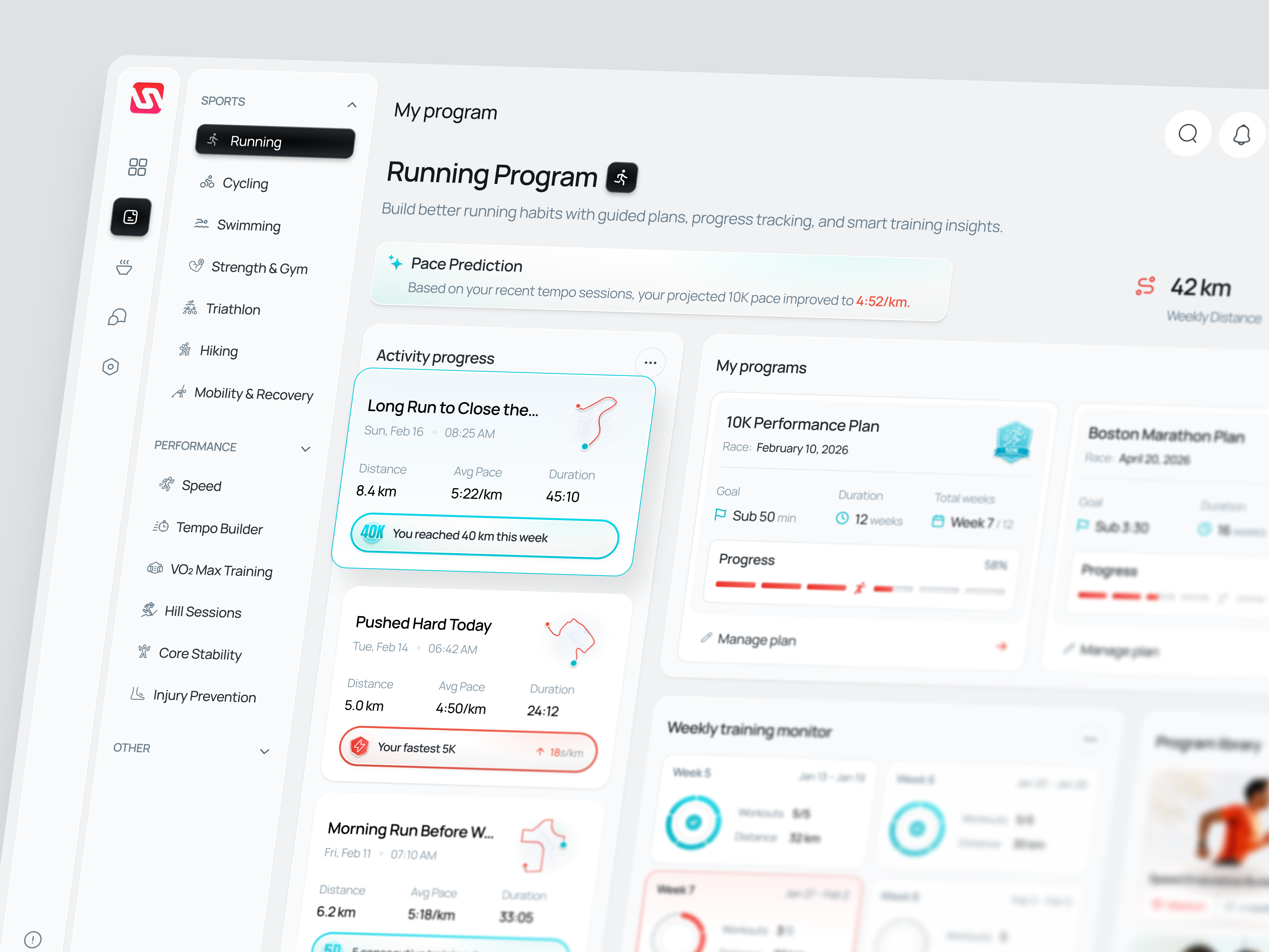 Running Training Program Dashboard activity tracking dashboard design fitness fitness app fitness dashboard modern monitoring performance tracking running running app running dashboard sports sports app tracker training training program ui design ux design website workout