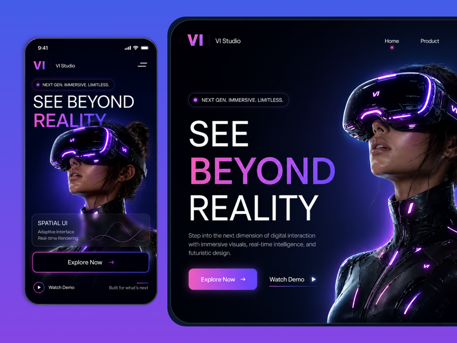 VR / AR Futuristic Landing Page — Web & Mobile UI Design 3d ai ar case study design system figma graphic design logo prototype responsive ui uiux user experience user interface vr wireframe women