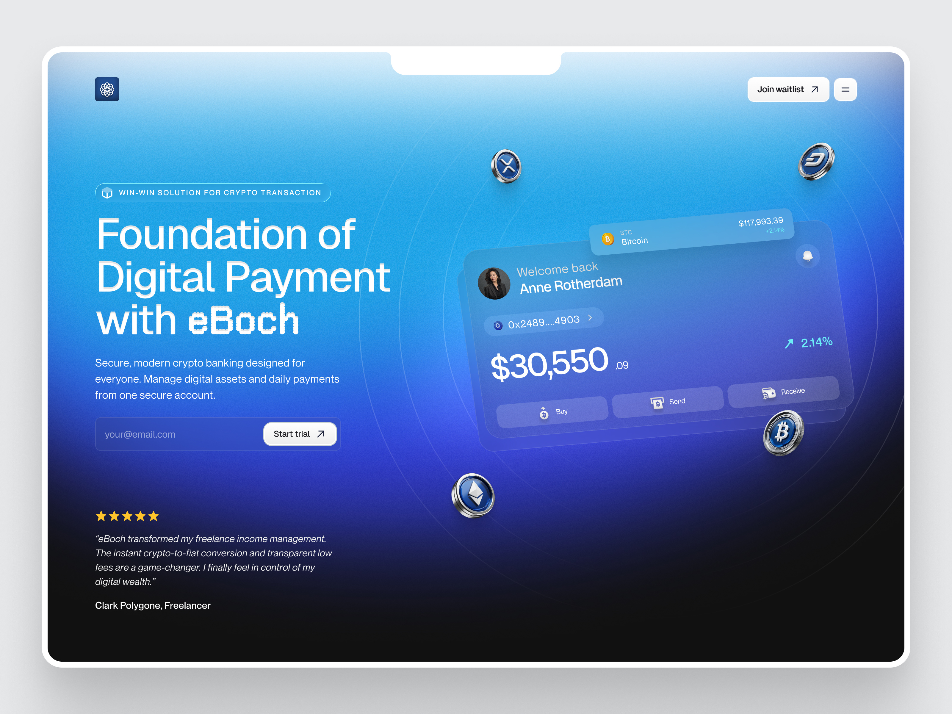 eBoch - Crypto (Hero) b2b saas business tool corporate crypto crypto website finance financial design fintech hero design hero section design spend management tracker ui ui design uiux uiux design ux web web design website