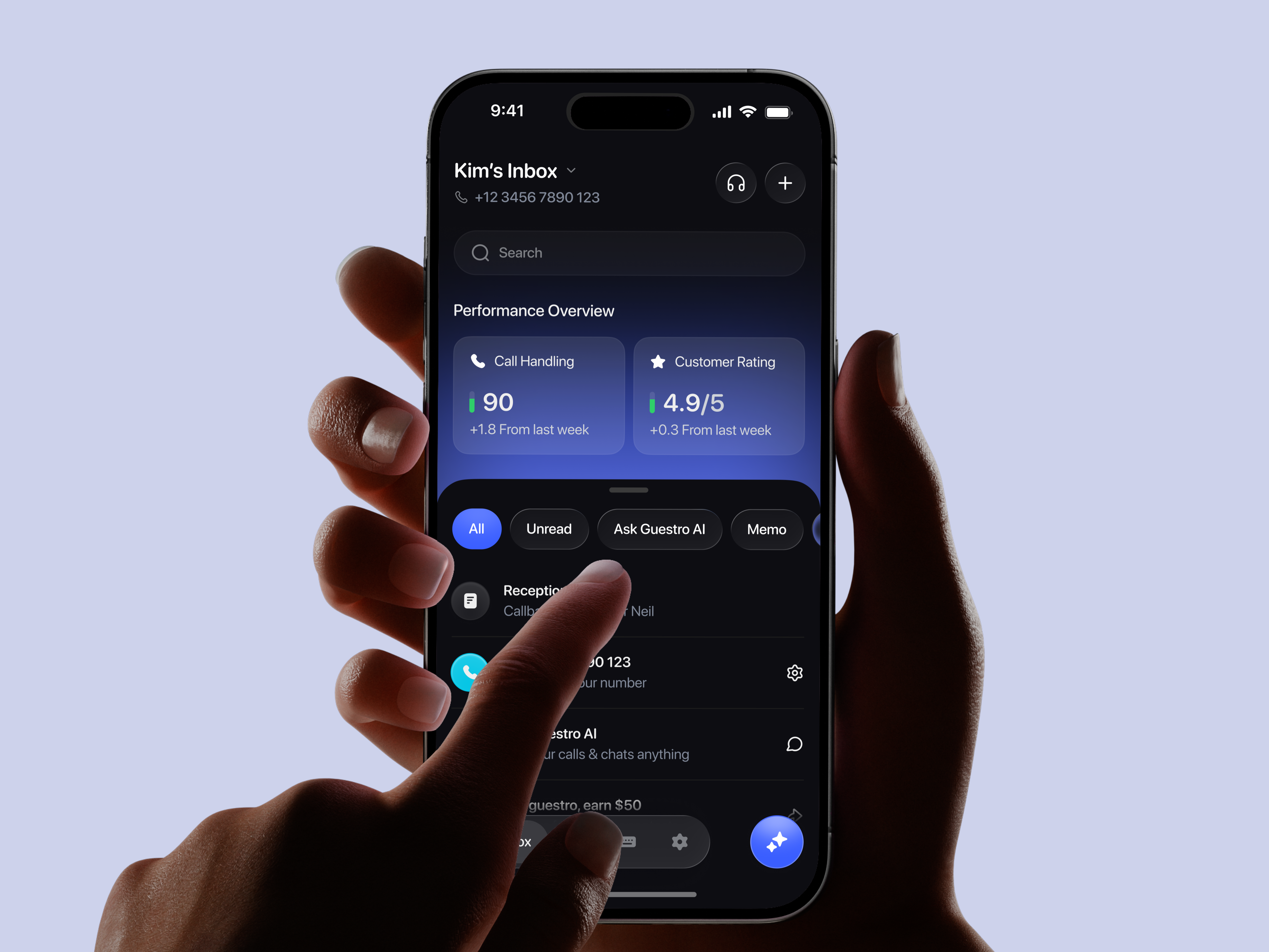Smart Receptionist App UI: Call Analytics & Paywall ai call management ai chatbot ui ai receptionist business phone app call analytics ui dark mode mobile figma ui kit floating action button glassmorphism ui ios app design iphone mockup mobile app pricing screen ui product design saas mobile app smart inbox ui subscription paywall ux case study virtual assistant ui voice memo tracker