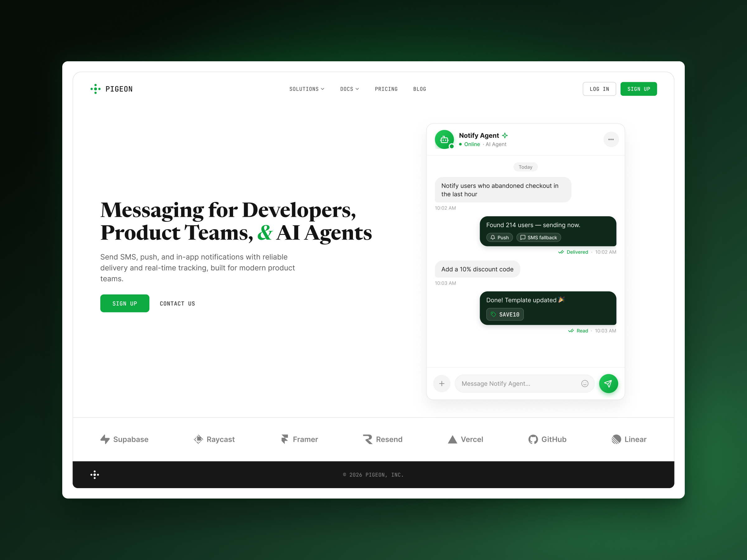 Pigeon AI Chat App Landing Page ai agent ai chat api product b2b saas chat interface dev tools developer tools hero section messaging app notification design product design saas landing page saas marketing site web design