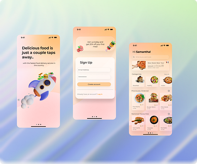 Food Delivery App Fun Bright UI Design 3d branding colorful ui design food app food app ui fun ui design mobile app design ui ui design visual design