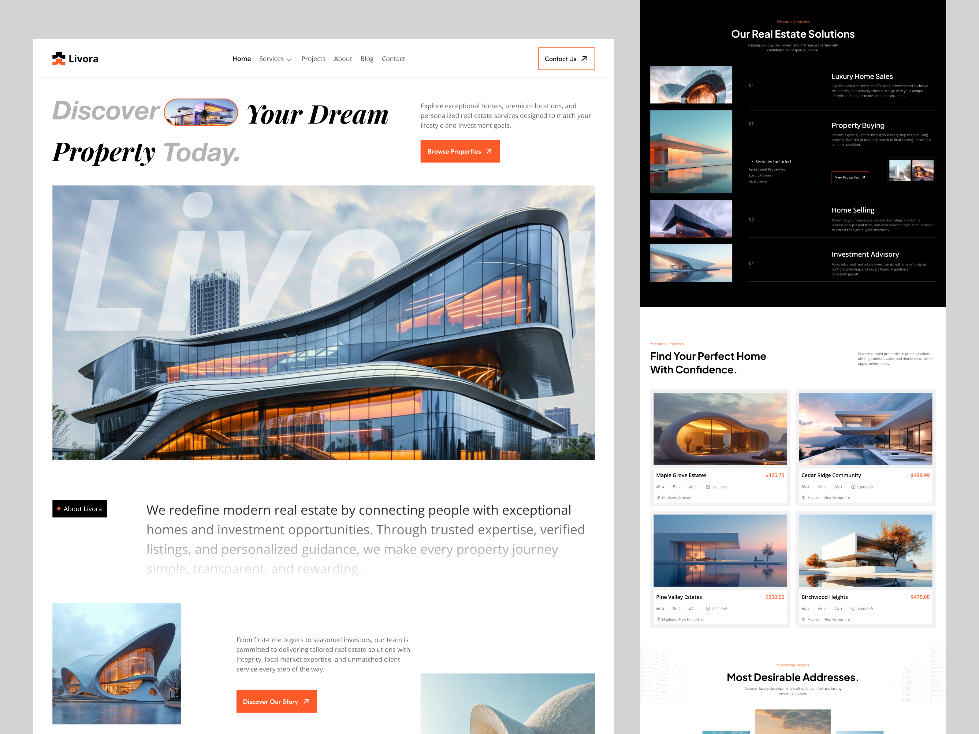 Livora | Premium Real Estate Website UI/UX Concept figma landing page luxury real estate modern website property listing property website real estate real estate ui real estate website ui design user experience ux design web design web inspiration website design
