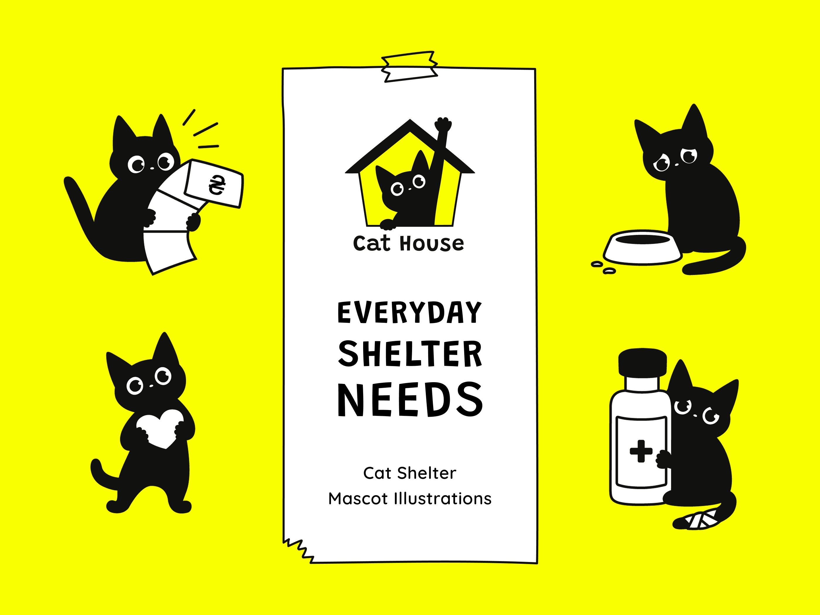 Cat House — Mascot Illustrations & Brand Identity Pack animal shelter black cat art brand identity branding system cartoon illustration cat illustration character design cute mascot illustration pack instagram templates logo design mascot design mascot logo playful design social media graphics vector stickers