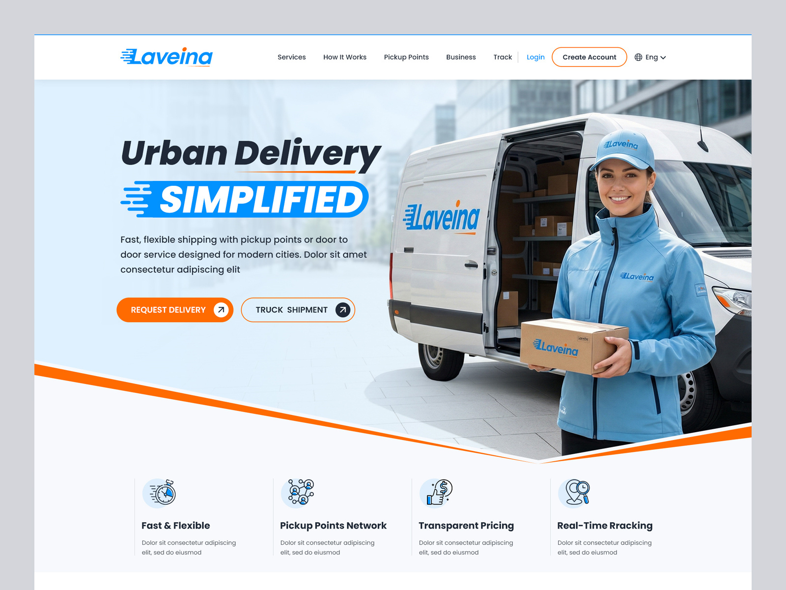 Laveina - Urban Logistics & Courier Delivery Web Design clean layout courier website design delivery app ui desktop ui landing page design local logistics ui logistics web design modern typography orange accent ui pickup point map ui product design responsive web design shipping web design ui design ui ux design urban delivery website ux design visual identity web design inspiration web layout