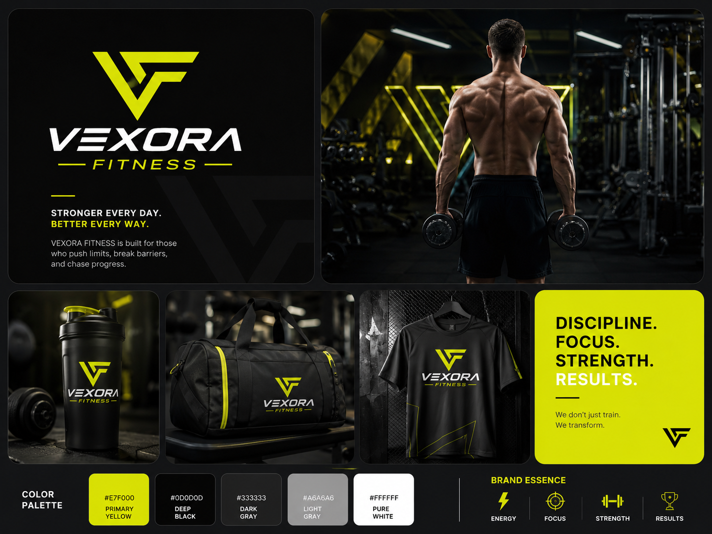 VEXORA FITNESS — Gym Logo & Fitness Brand Identity Design athletic branding brand guidelines brand identity branding fitness fitness brand fitness branding fitness design fitness logo gym gym brand gym branding gym logo instagram branding logo design social media branding sports branding typography visual identity website branding