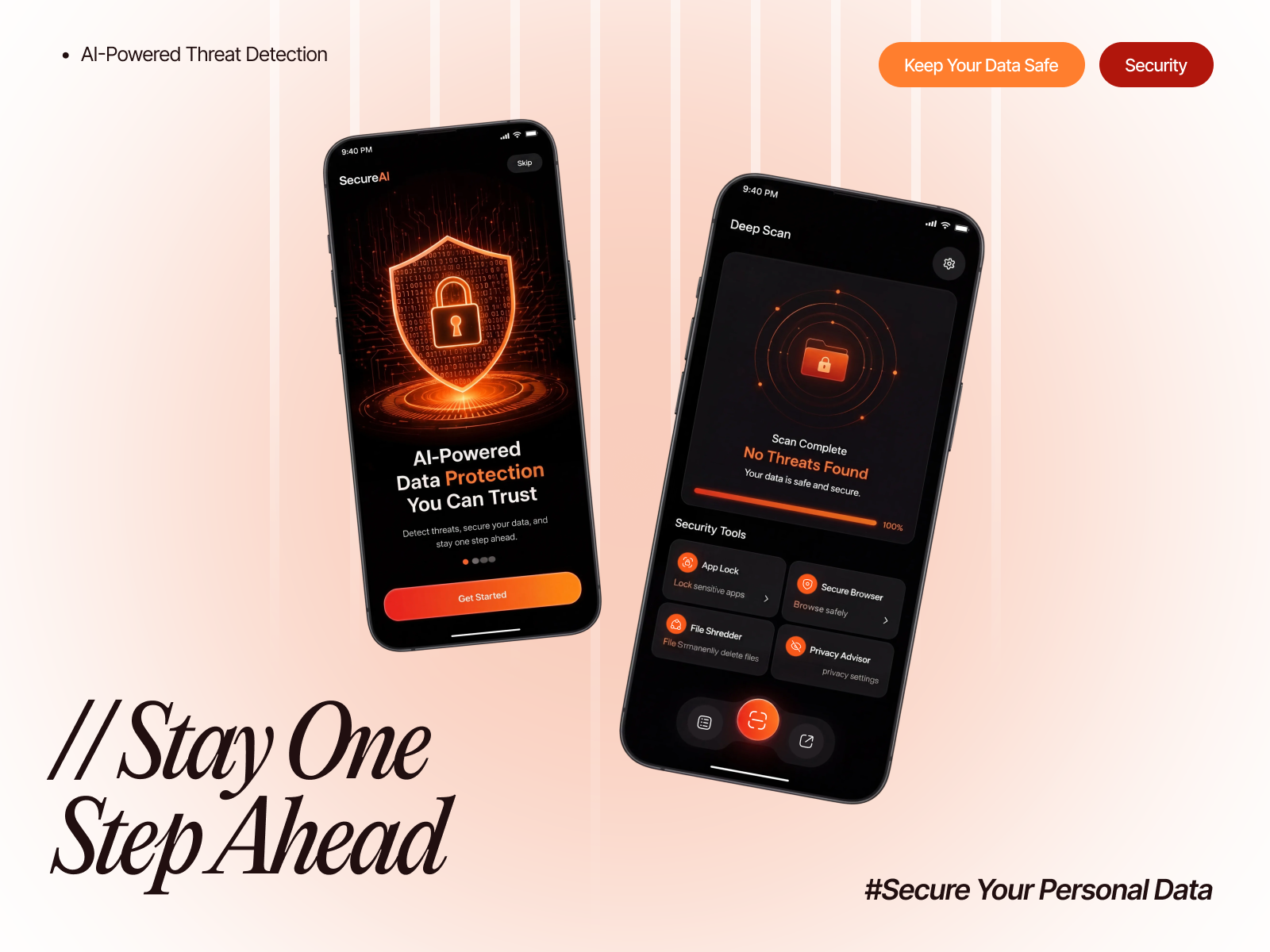AI-Powered Protection, Simplified ai powered app ai security app security cybersecurity cybersecurity ui data protection development digital security hero ui design mobile app design privacy app privacy protection pro ui design product design security app security ui techwitpro threat detection uiux design