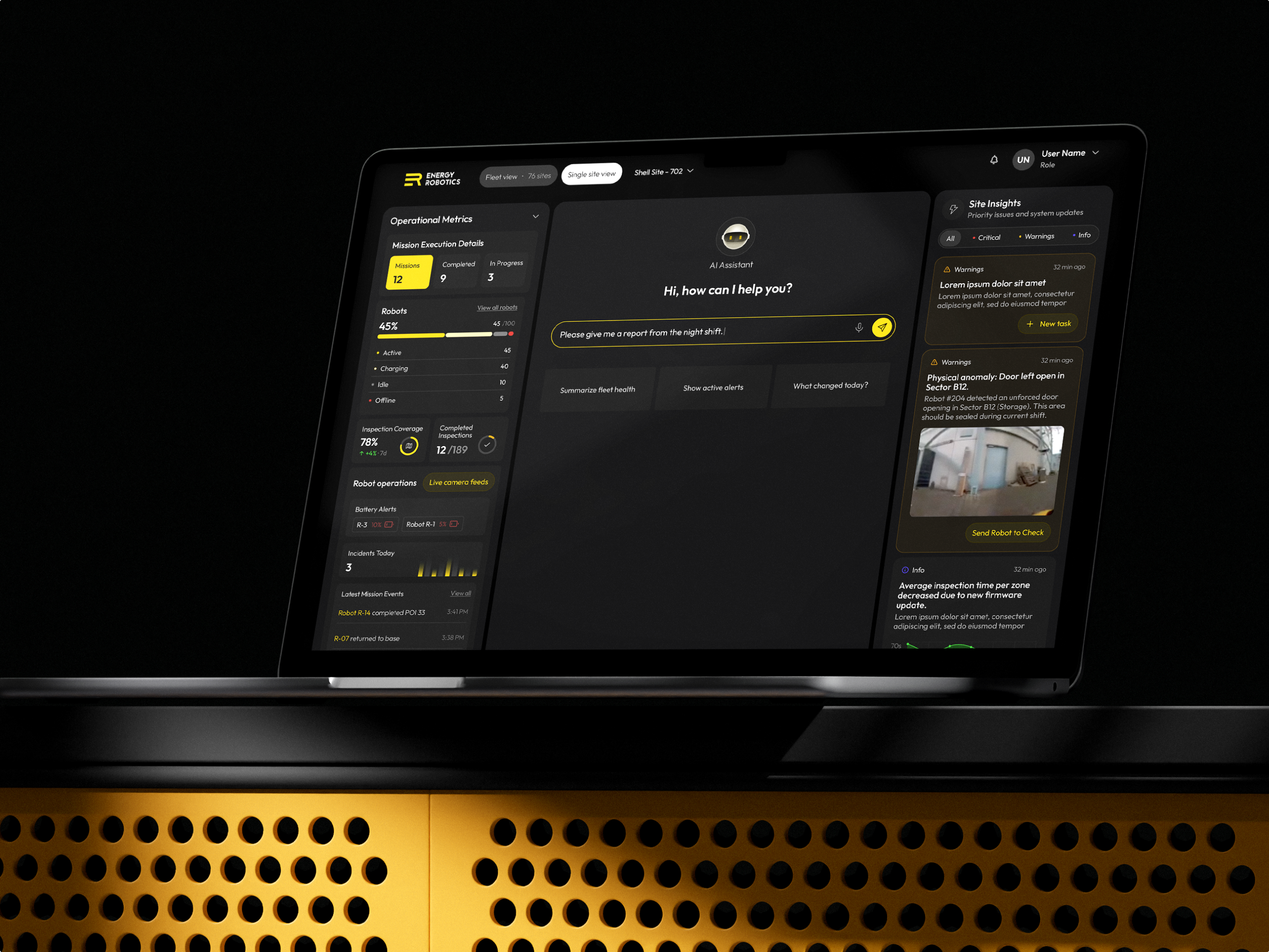 Robotics Fleet Dashboard — Dark Monitoring UI admin panel ai assistant analytics dashboard charts command center dark mode dark ui dashboard data visualization fleet management industrial iot kpi dashboard monitoring dashboard product design robotics saas dashboard ui ux design web app yellow accent