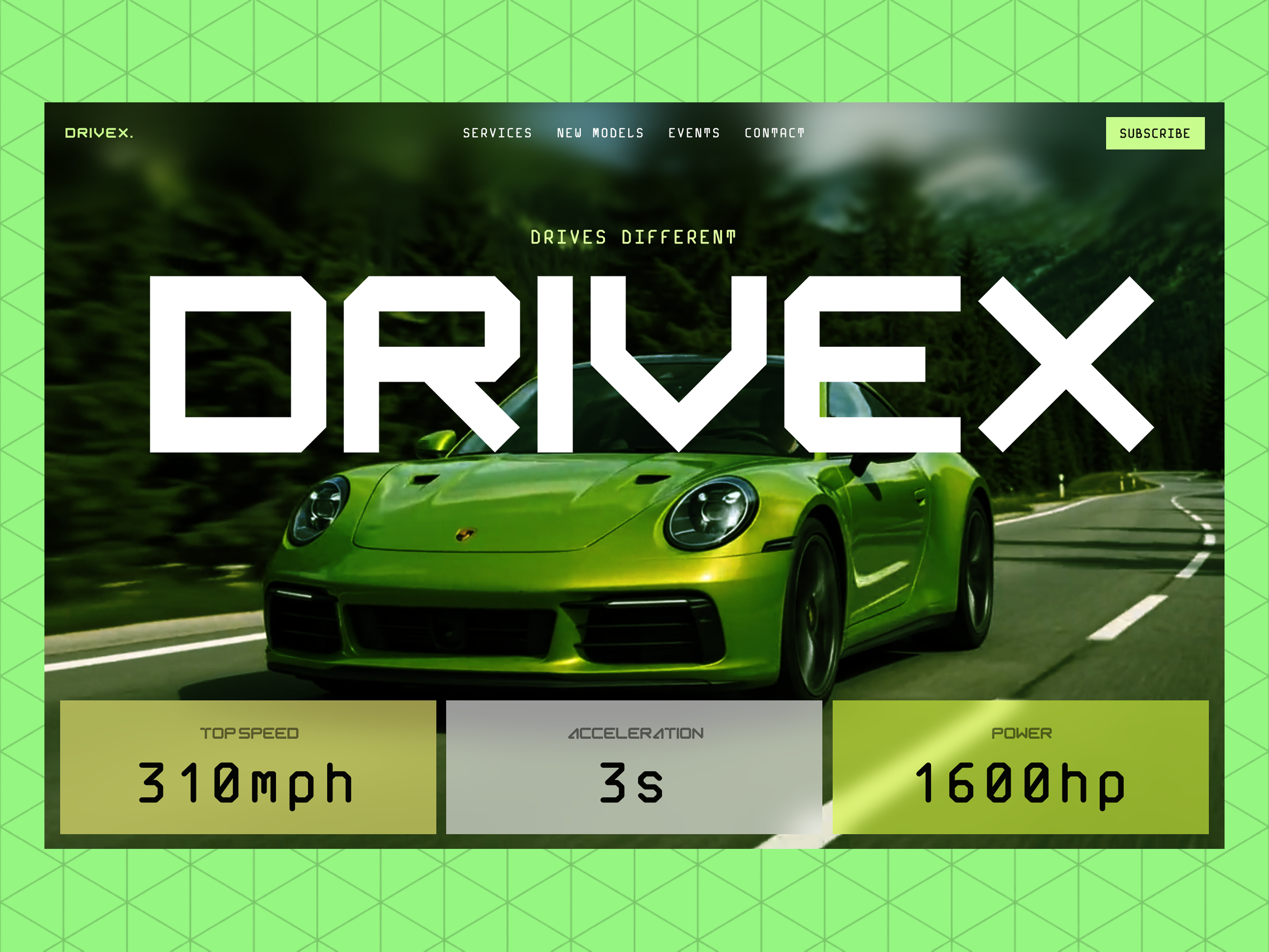 Drivex — Automotive UI Design & Animation 🏎️⚡️ 3d animation automotive framer giomak green ui motion graphics porsche ui ui animation uidesign webdesign