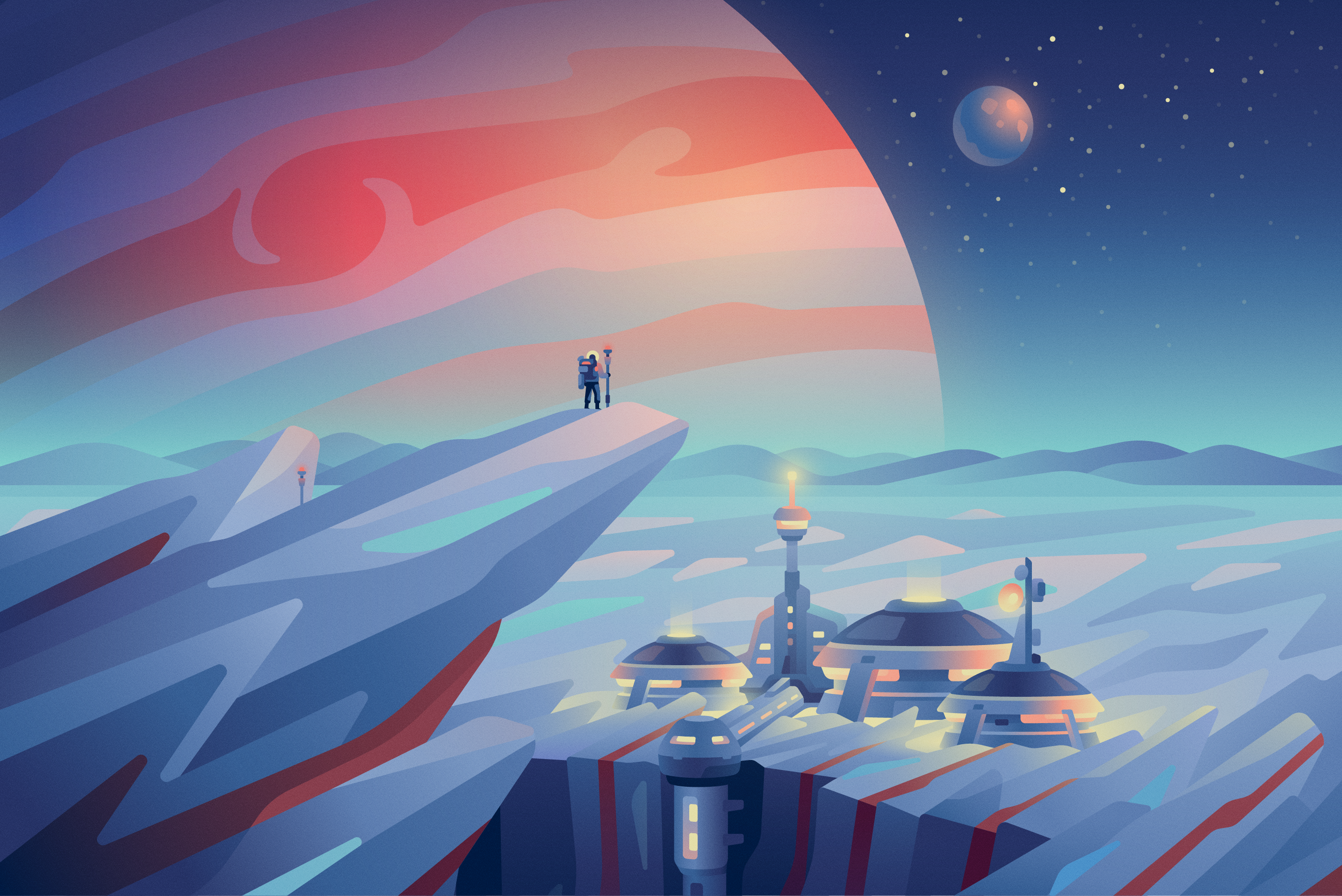 Europa Outpost 2d adobe illustrator art color concept art digital art gradients illustration landscape nature planet scifi space stars vector vector art