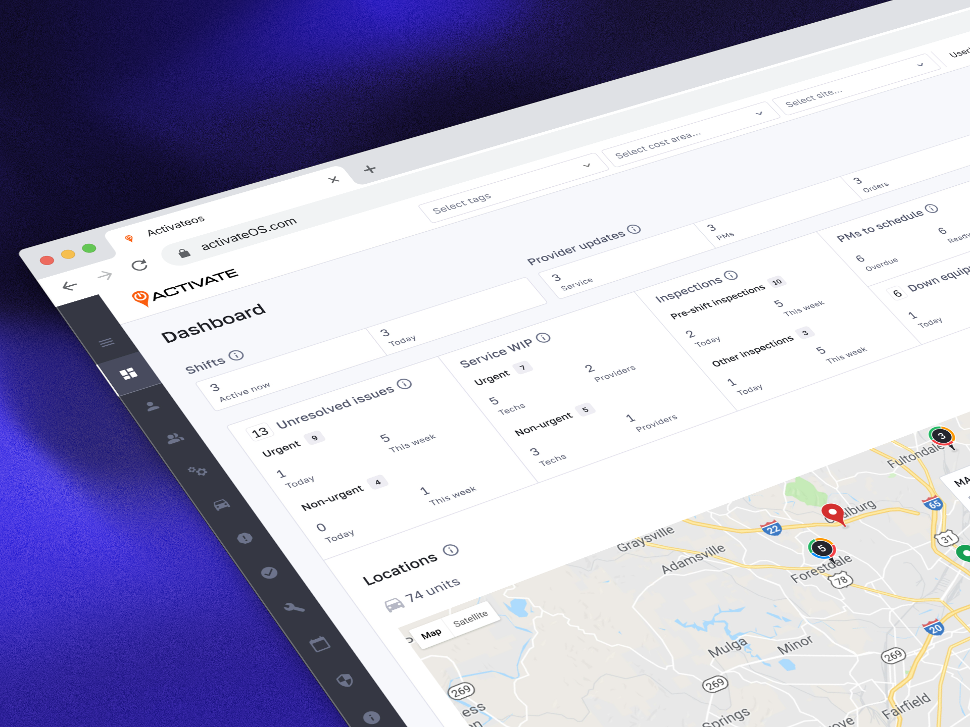 Activate OS, Fleet Operations & Maintenance for Heavy Equipment automotive b2b construction dashboard enterprise equipment management fleet management product design real time data saas ui uiux ux web app web app design