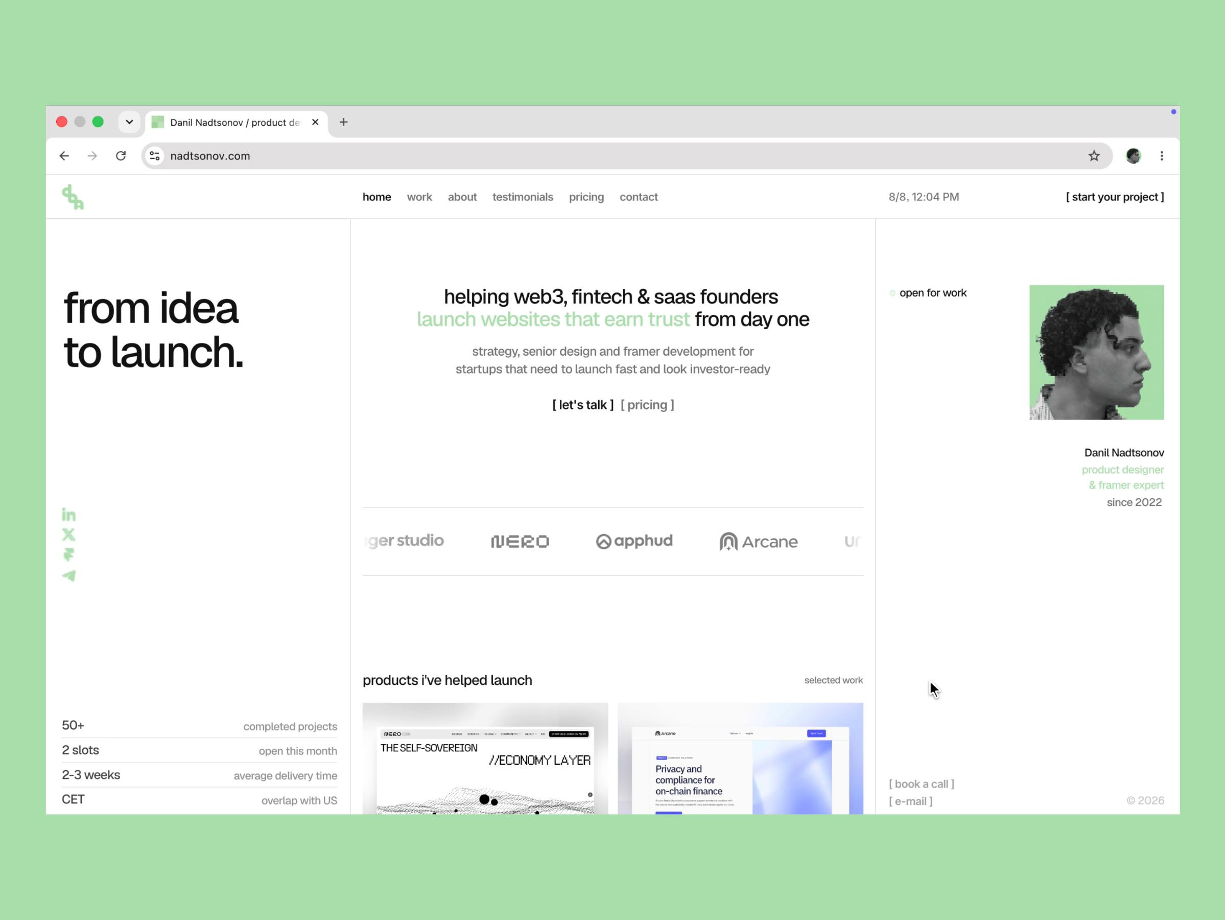 danil nadtsonov • personal website branding framer landing page personal website product design ui ux web design