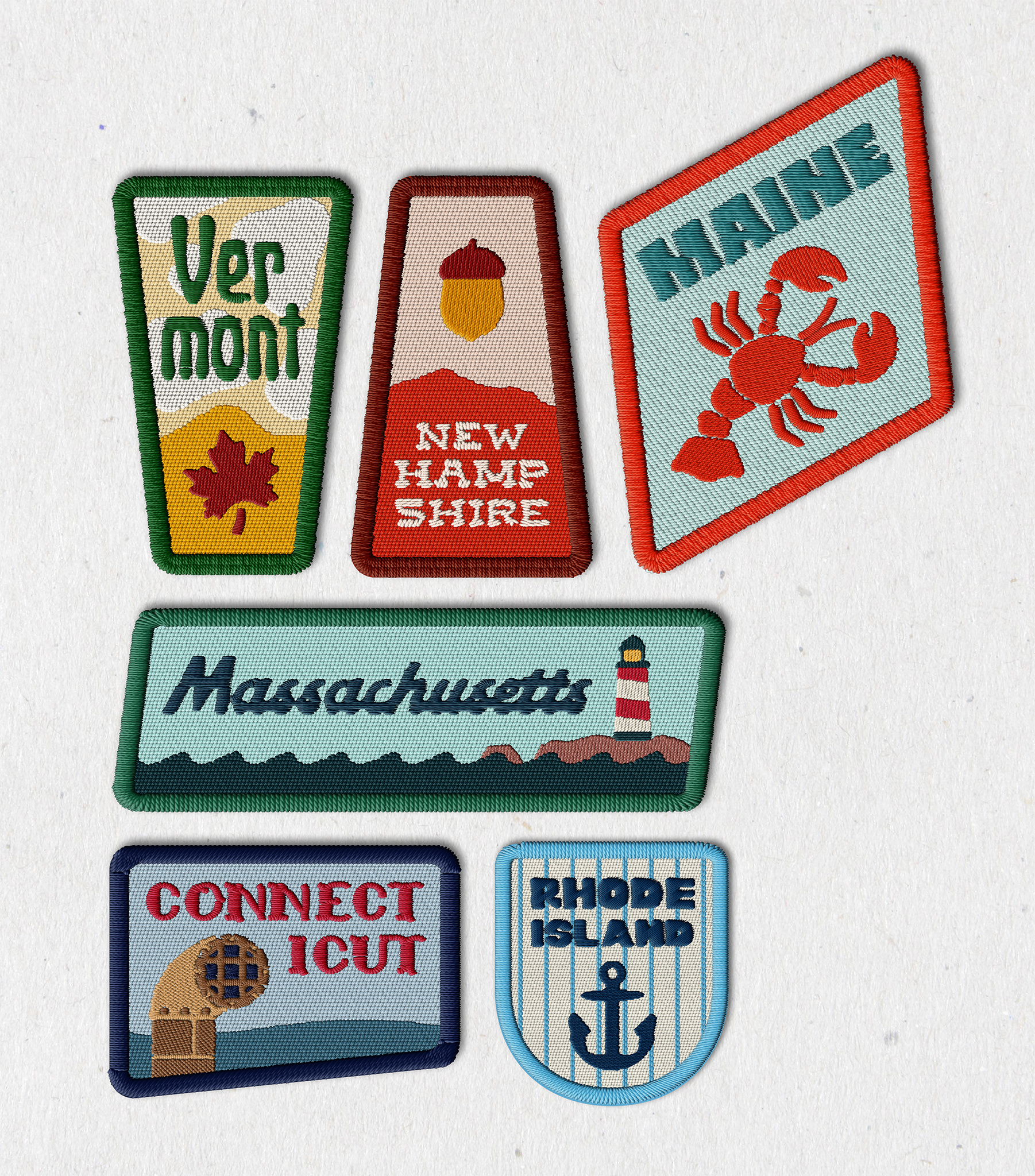 New England patch set color palette embroidery graphic design icon logo patches rendering