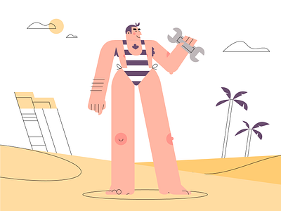 Beach Man beach hot illustration lifeguard man palm simple striped summer sun swimsuit vector wrench yellow
