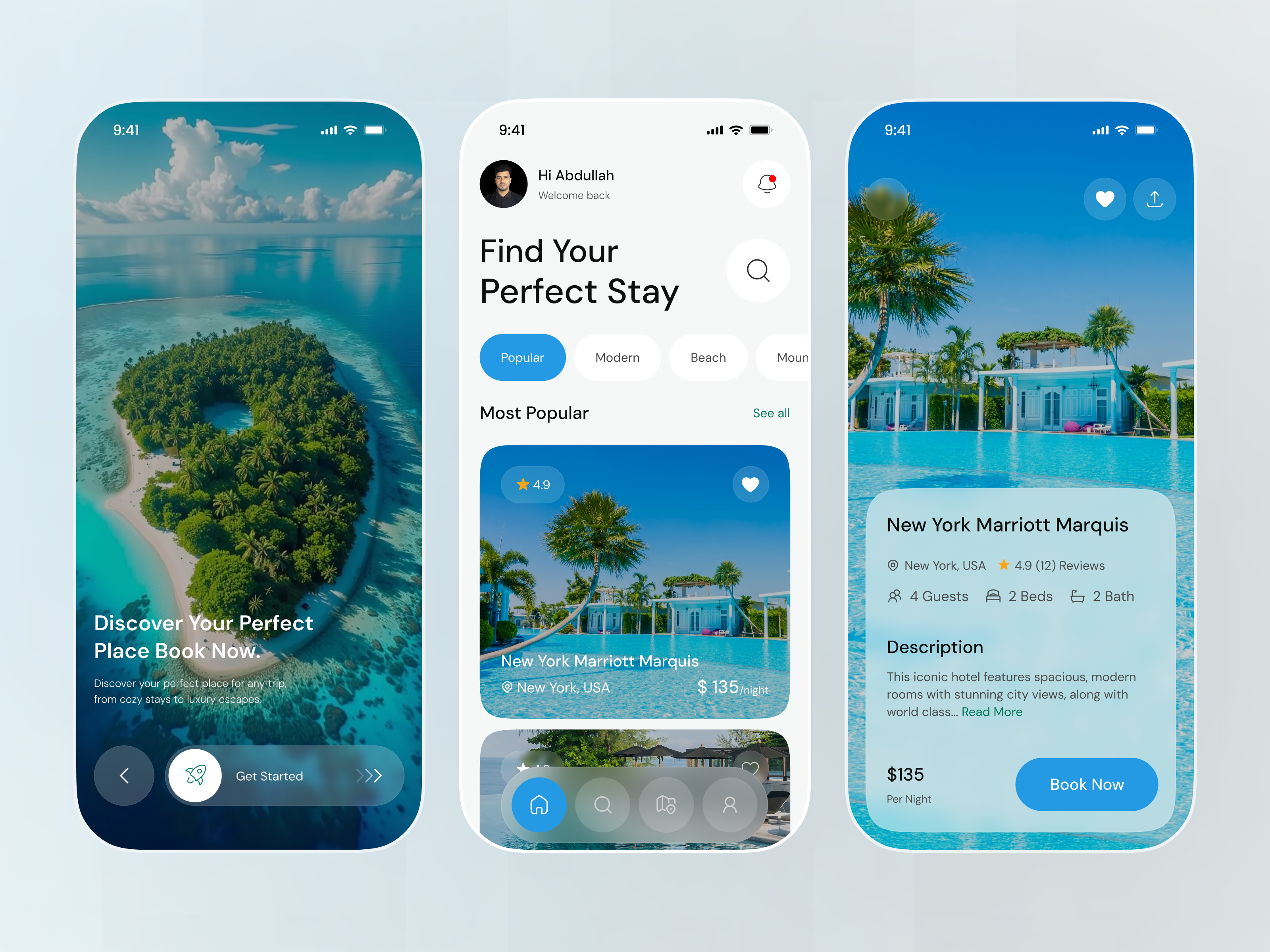 Travel Booking App UI — Modern Hotel & Vacation Stay App Design app design booking app booking ui destination hospitality hotel app hotel booking hotel ui mobile ui product design tourism travel app travel booking travel design travel ui travel website ui design ux design vacation vacation app