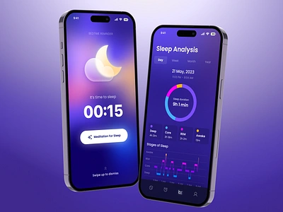 Sleep App analysis analytics dashboard donat chart healthcare hypnogram meditation mobile app progress reminder sleep sleep tracker sleep tracking statistic time to sleep track ui ux wellbeing