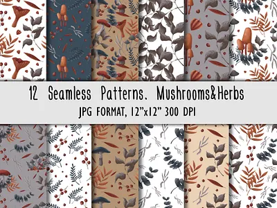Mushrooms and herbs baby cloth baby shower backdrop background botanical illustration celebration design digital drawing digital paper digital printing fabric graphic design herbs illustration leaves mushroom illustration plants seamless pattern textile textured