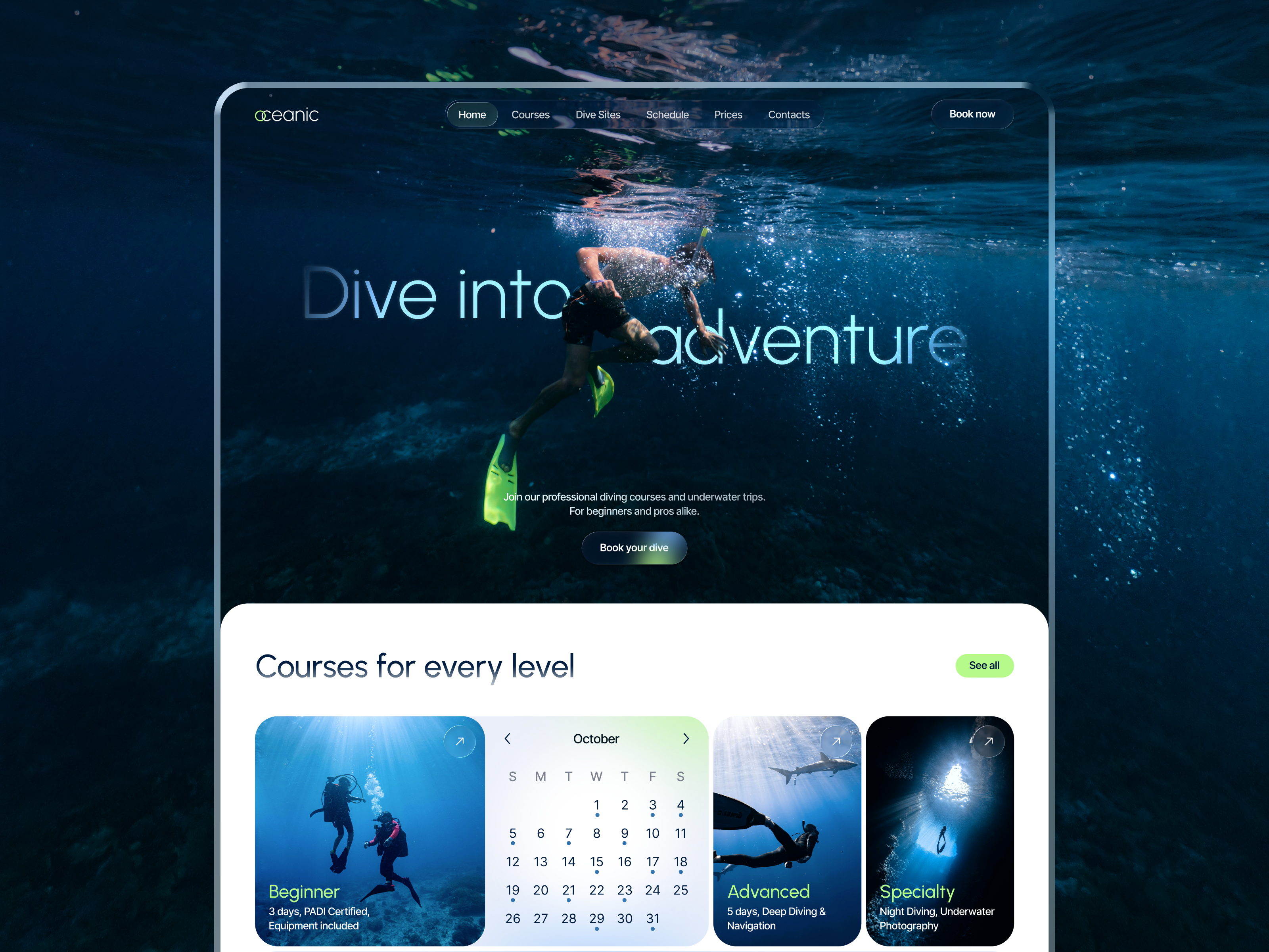 🌊 Web design for diving center | Hyperactive calendar center cources dark ui design diving hero section homepage hyperactive landing page service travel trip ui ux web design website