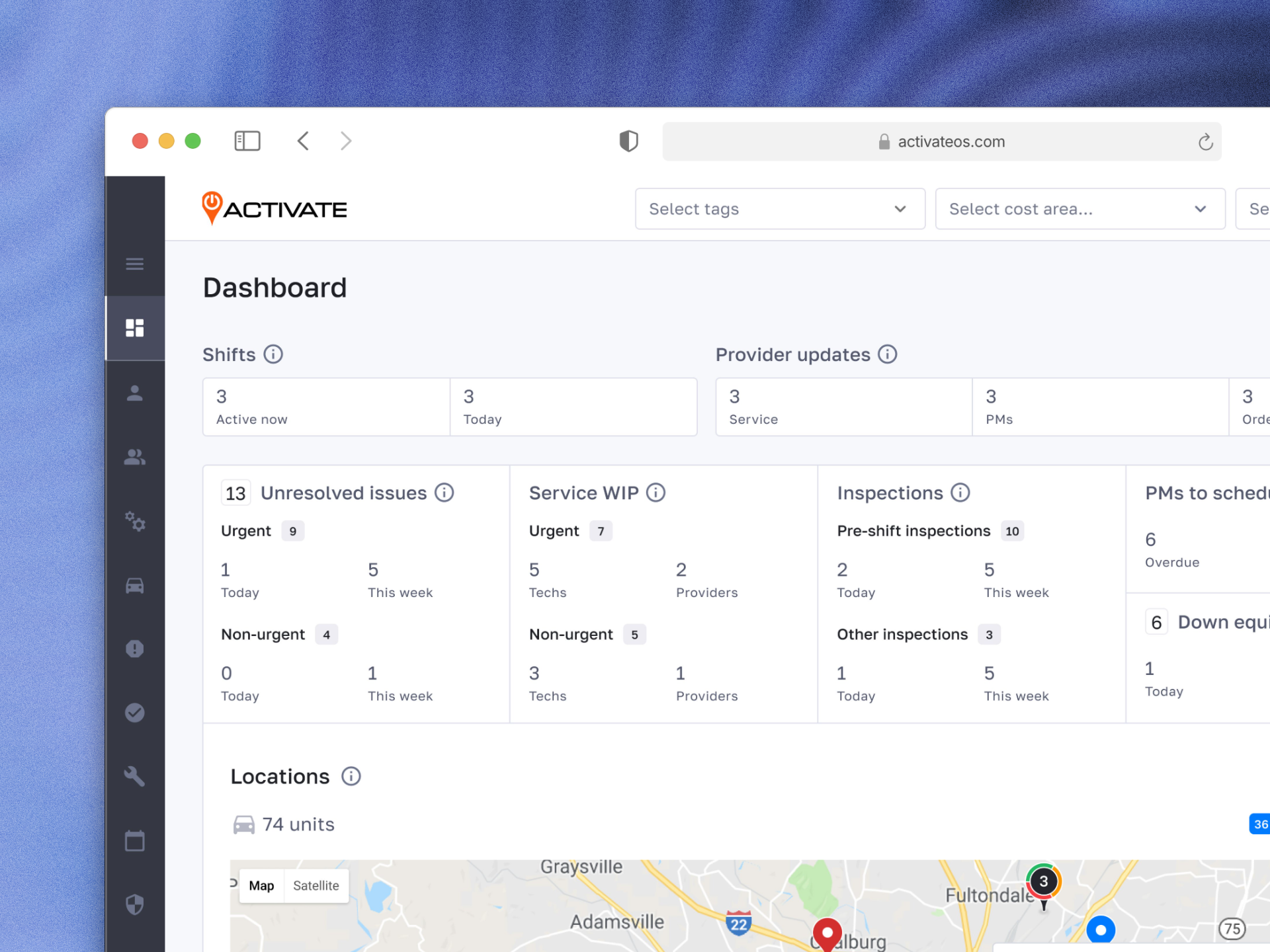 Activate OS, Interactive Fleet Map, 20K Live Markers construction tech dashboard design data visualization downtime enterprise software fleet management google maps idle map ui marker performance product design real time saas status ui uiux ux web app design