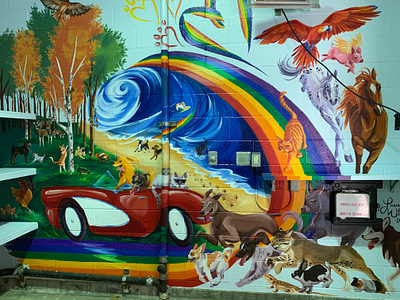 Animal Shelter Mural animal art car commission concept art illustration large mural painting rainbow story volunteer wild animals