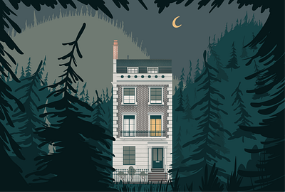 Victorian Cabin in the Woods architecture art color design drawing forest graphic house illustration illustrator london mood night nighttime procreate tree vector vectorart victorian