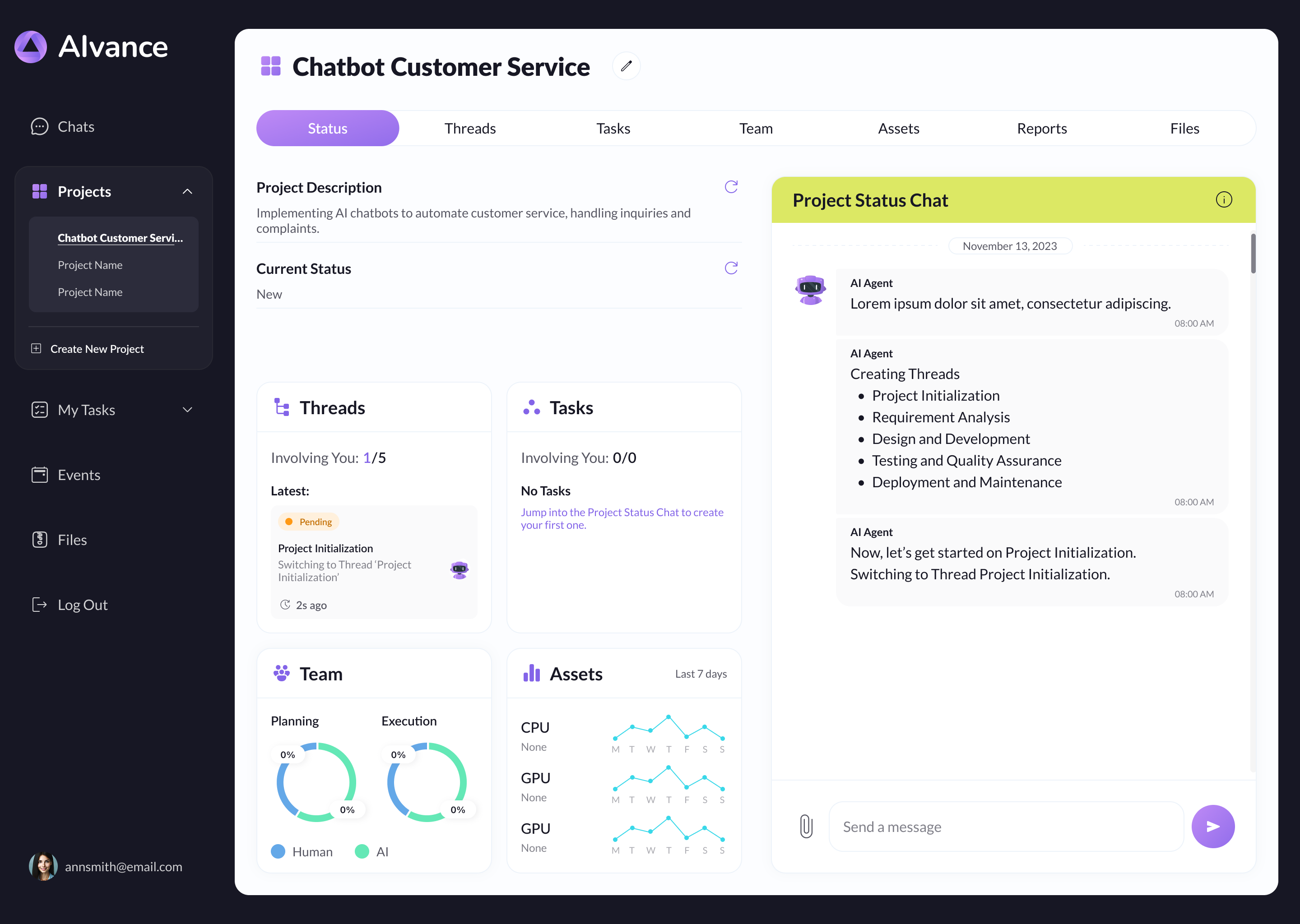 Alvance AI Assistant — Project Management Platform UI/UX ai agent animation character design dashboard product design project management saas saas design ui ui ux design web app web design
