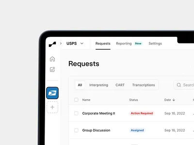 Customer Portal UI badge dashboard light mode macbook mockup requests table tabs ui ux