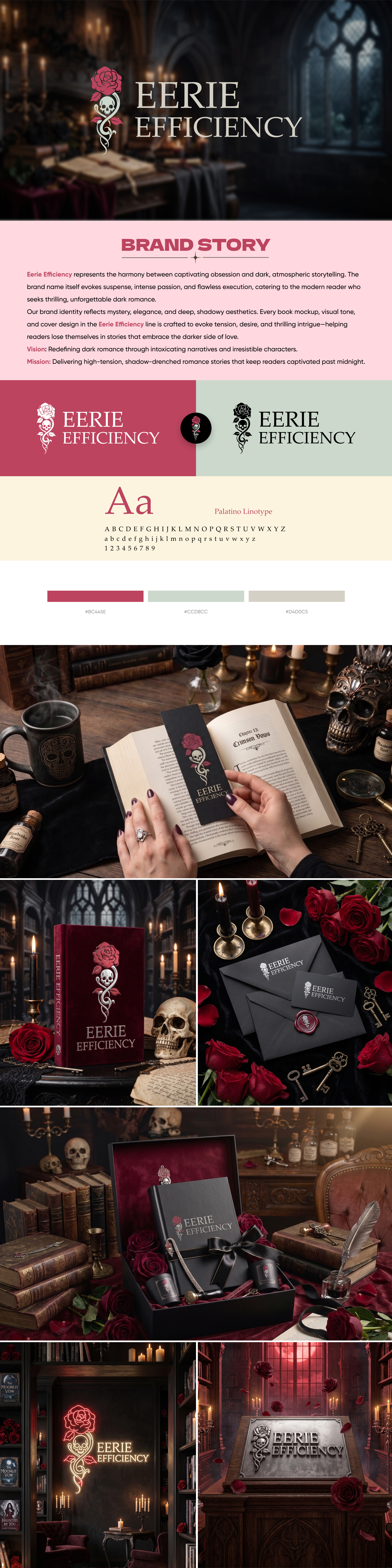 Eerie Efficiency – Dark Romance Book Brand Identity bookbranding brandidentity darkromance gothiclogo logodesign logoinus packagingdesign publishingbrand