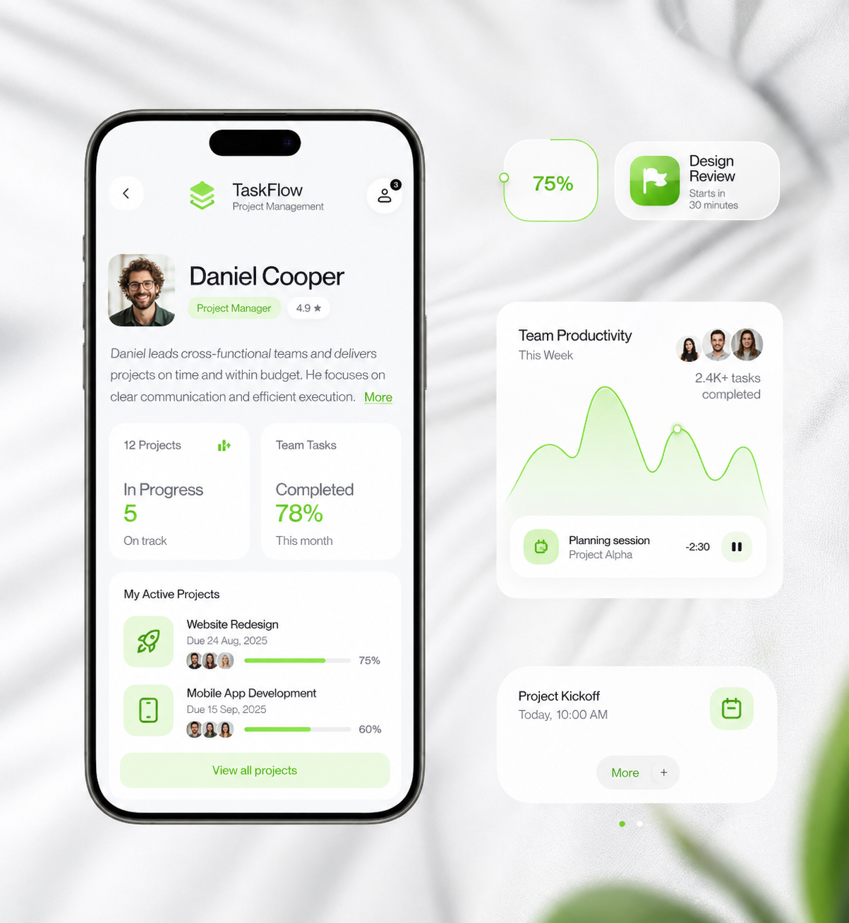 TaskFlow — Project Management Mobile App app ui designoweb technologies project dashboard project management project manager project planner project tracking task management task tracker team collaboration team performance trending ui ui ux