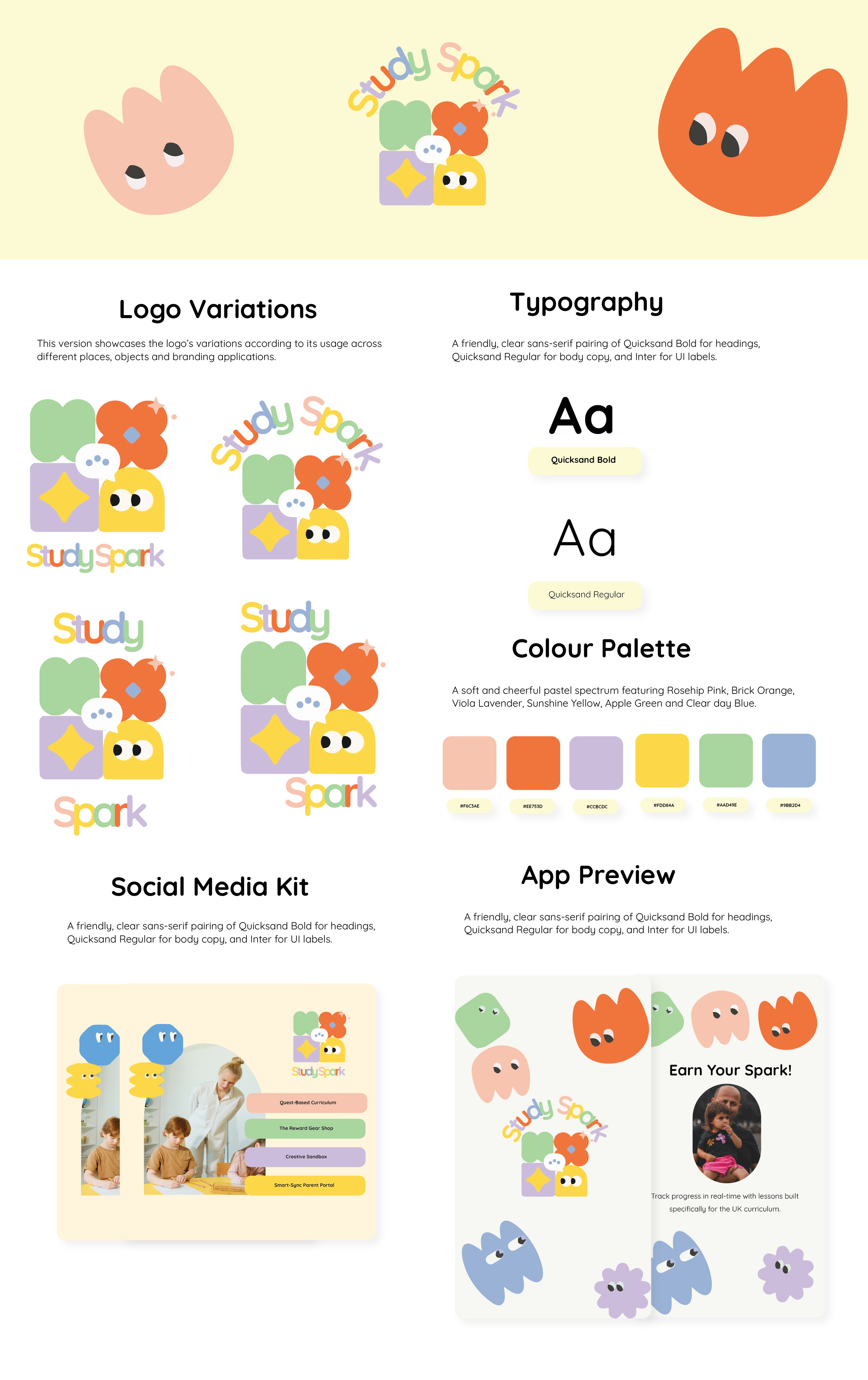 Study Spark — Brand Identity & App UI Design System app design brand identity color palette graphic design illustration logo design social media kit typography uiux design visual design