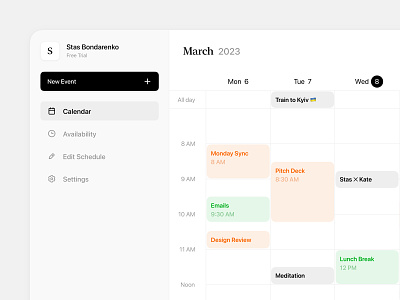 Calendar app availability calendar clean dashboard date day design system event makeen month schedule slyk ui ux week